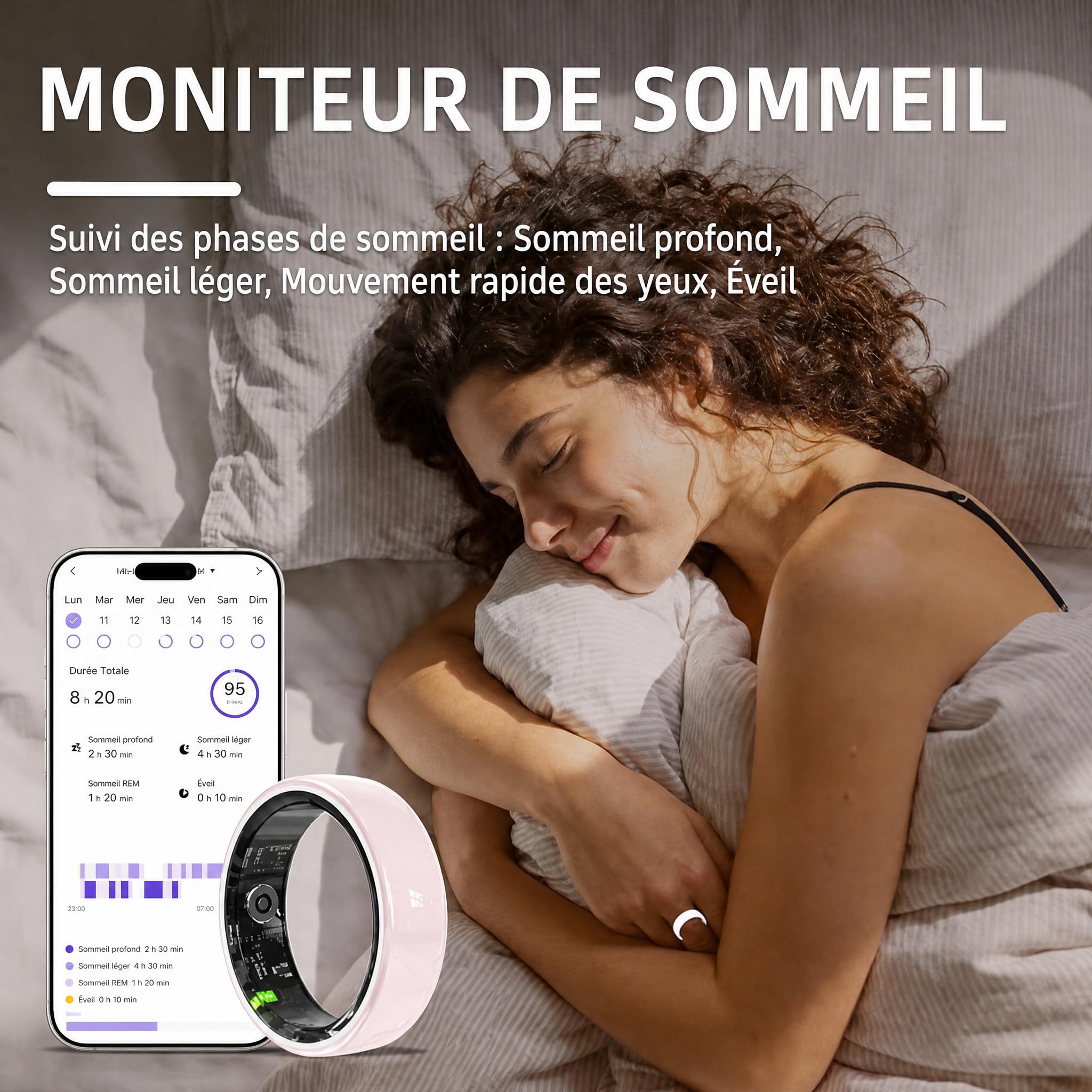 Bague Connectée Femme en Céramique – Suivi du Sommeil, Fréquence Cardiaque, Multi-Sports, Étanche 5ATM