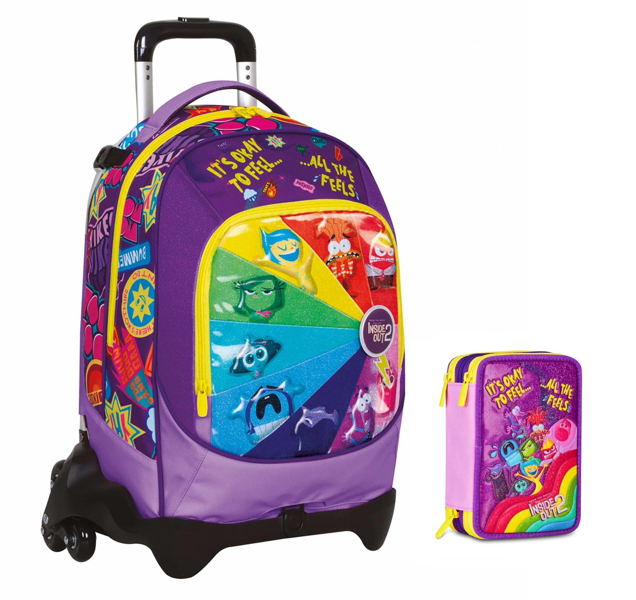 Trolley Scuola Jack 3 Ruote staccabile Inside Out 2 Universal Mood , 3 in 1 per Scuola Elementare Bambina + Astuccio 3 zip con cancelleria + 7 penne cancellabili e portachiave pailettes
