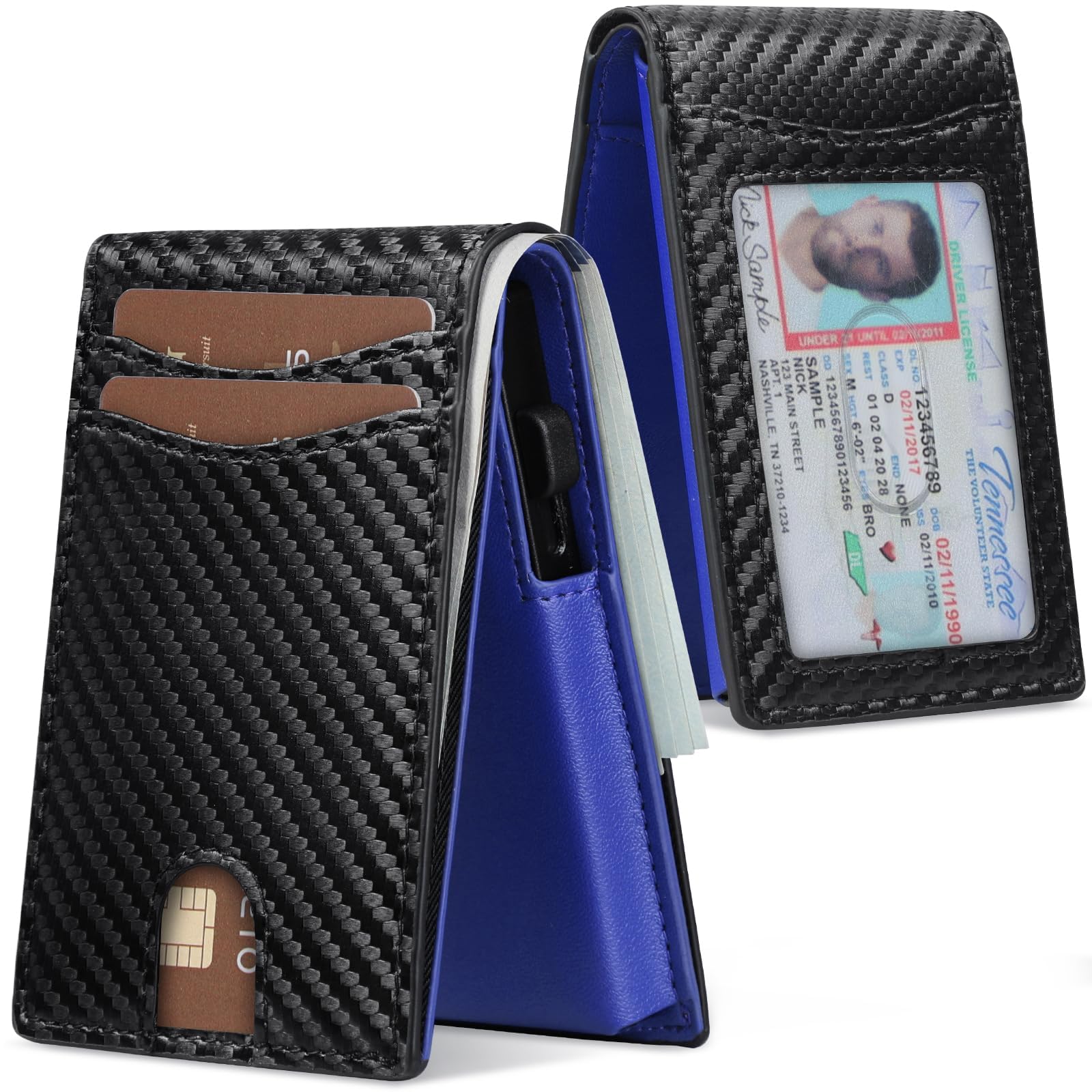 GSG Minimalist wallet for men with cash slot,Pop up wallet with Id window,Slim bifold wallet,RFID Blocking, Leather Slots Credit Card Holder with Gift Box,9-12 Cards,Carbon Fiber Black and Blue