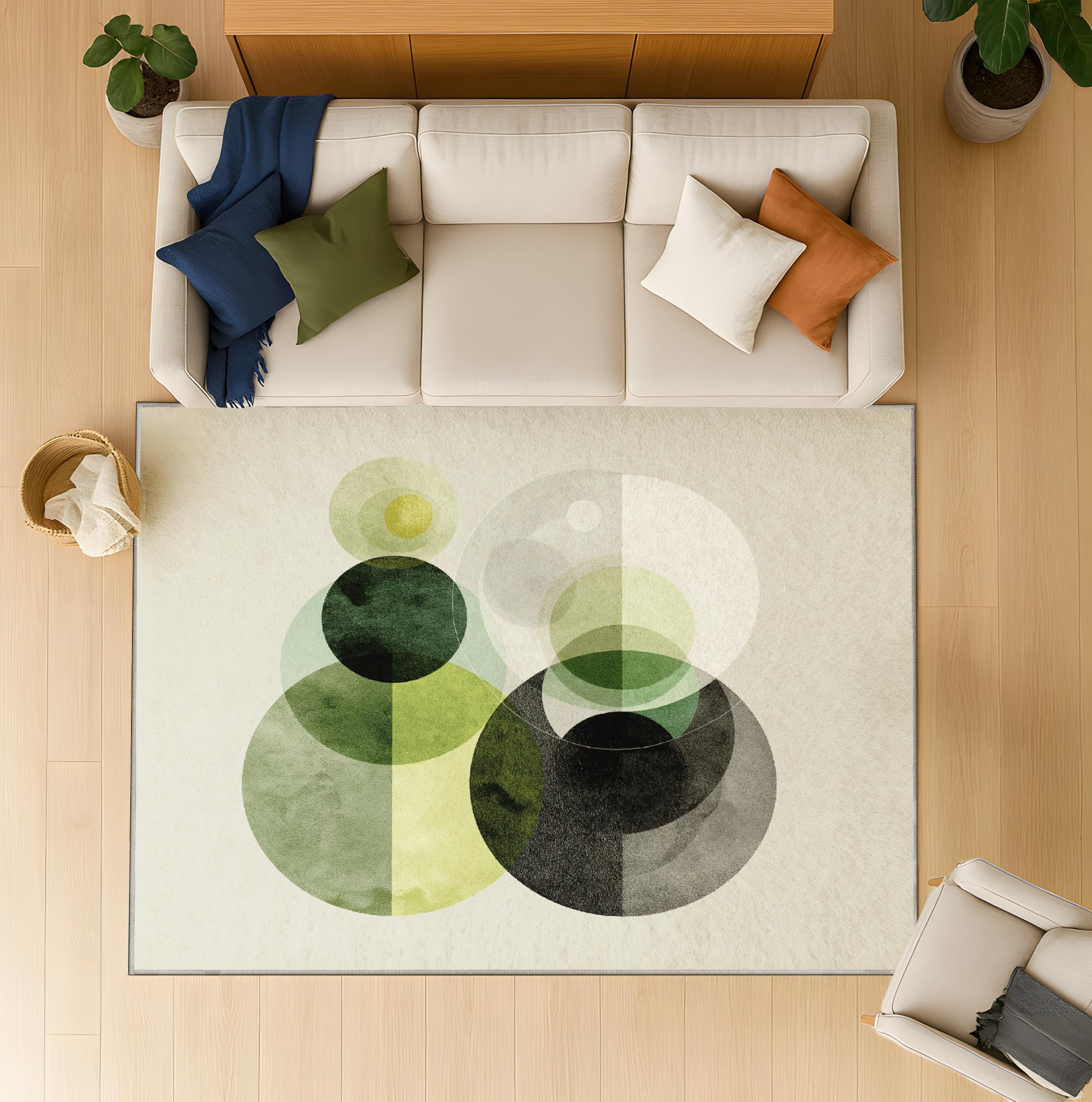 Tapis Salon Vert Sauge Abstrait pour Chambre Enfant & Adulte - 60 x 90 cm Tapis Durable et Antidérapant, Cercles Anneaux Super Doux Rug Salle Lavage en Machine