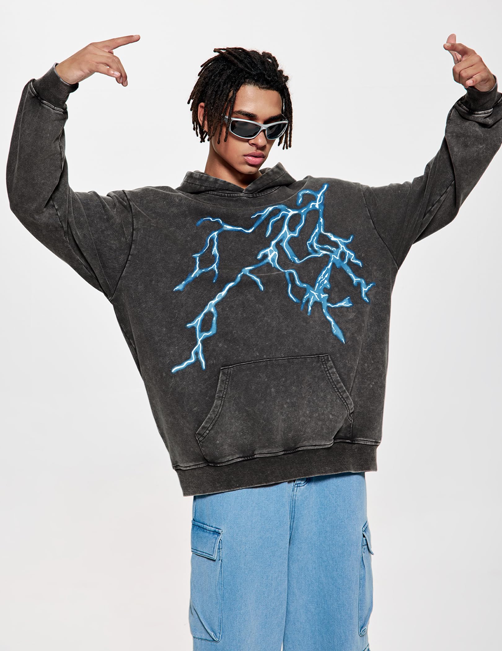 Vamtac Felpa con cappuccio con grafica fulminea da uomo oversize unisex con cappuccio Y2k vintage pullover con cappuccio