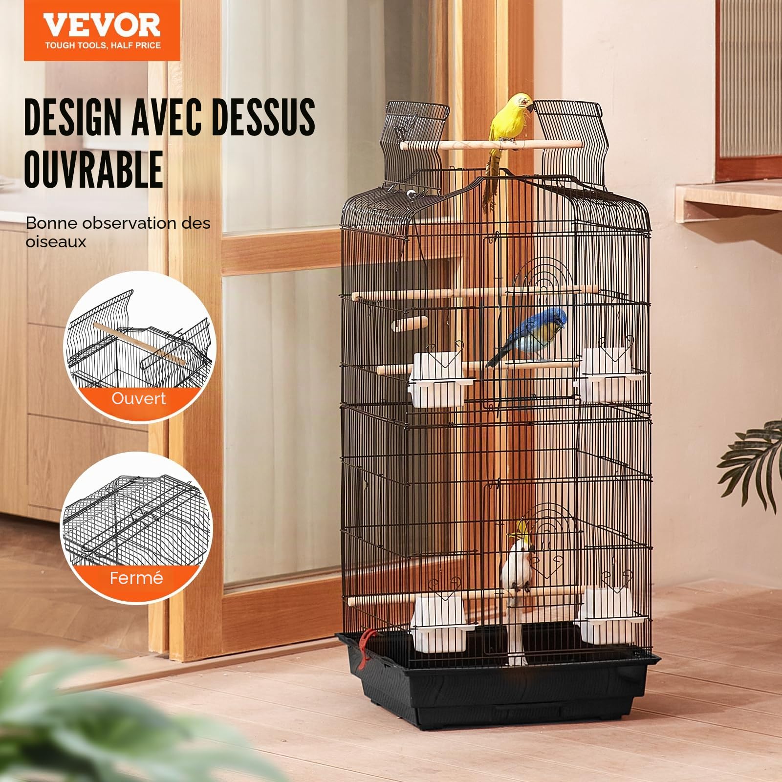 VEVOR Grande Cage Oiseau Métal Suspendue 45,7 x 35,5 x 92,5 cm Dessus Ouvert Balançoire Perchoir pour Perruches Pinsons Canaris