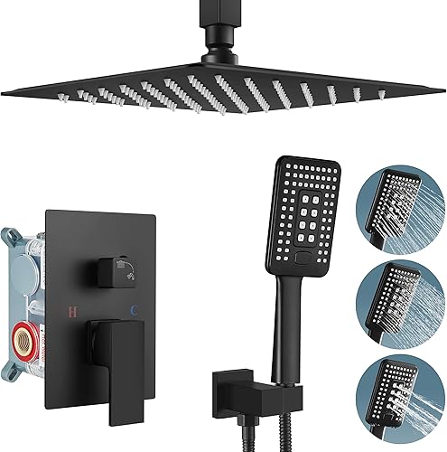 Aolemi Sistema de ducha negro mate para montaje en el techo, cabezal de ducha de lluvia de 12 pulgadas con 3 funciones, rociador de mano ABS de alta