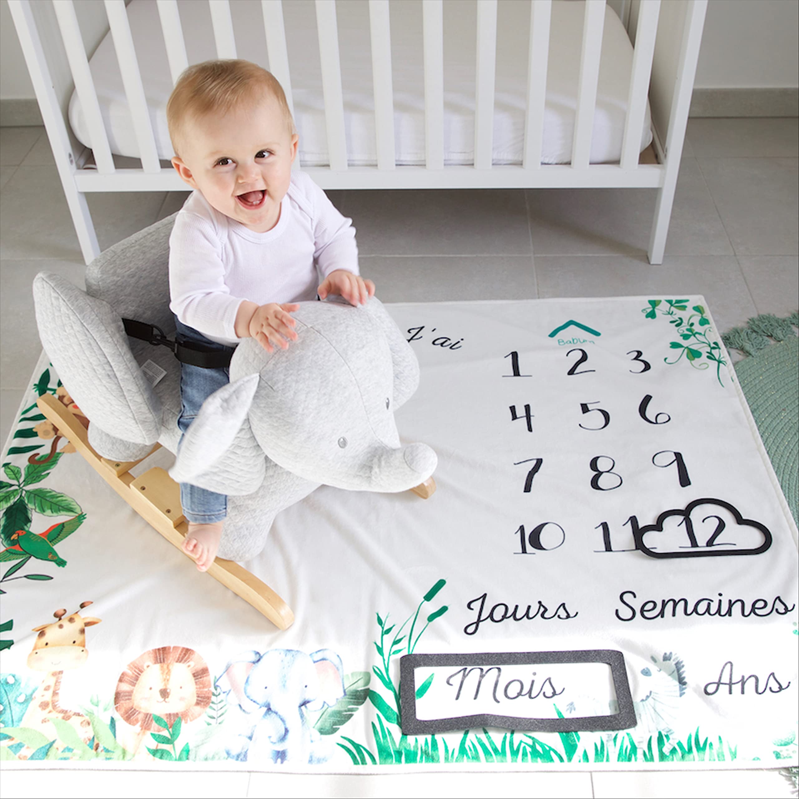 Babum Couverture Etape bébé En Français | Tapis Mois pour Filles Et Garçons Mixte Unisexe | Cadeau Naissance Souvenir Babyshower Jeune Maman | Personnalisée Douce et Épaisse | Oeko-Tex