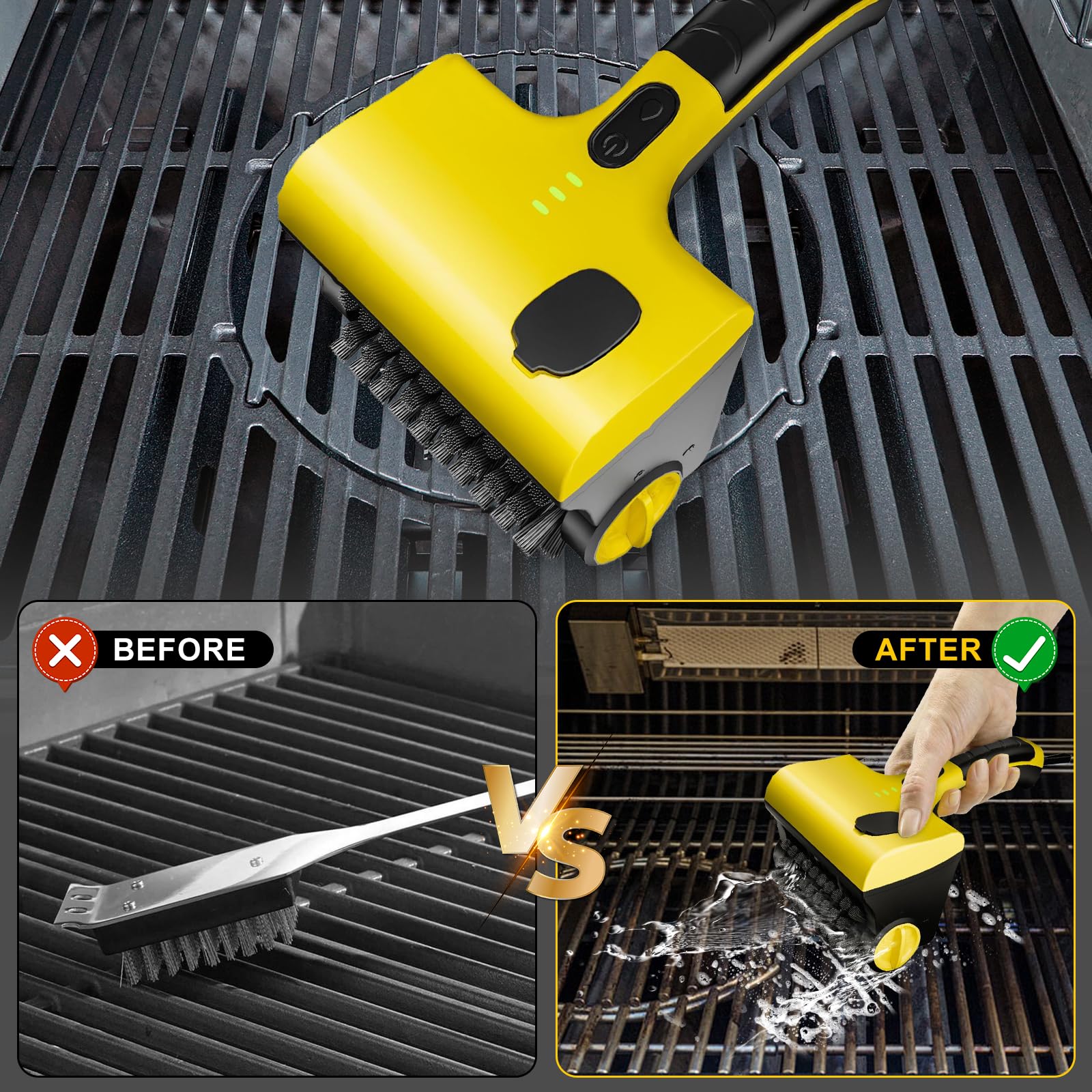 Cepillo eléctrico inalámbrico para parrilla, cepillo de limpieza eléctrico para parrilla con batería recargable de 2600mAh y 2 cabezales giratorios de 360°, cepillo limpiador con función de