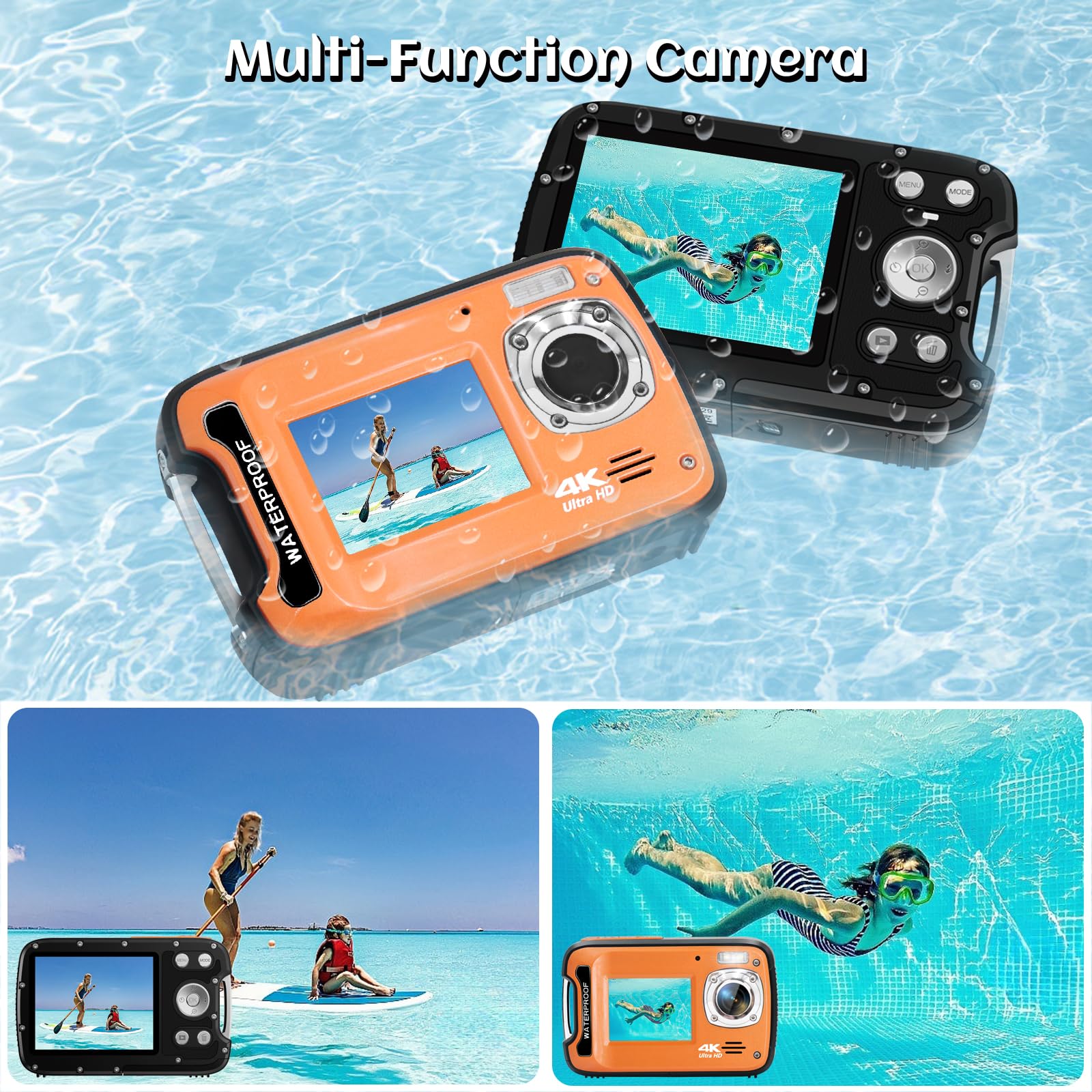 Appareil photo numérique étanche 4K 48 MP 5,2 m pour plongée avec tuba, caméra sous-marine double écran mise au point automatique avec carte de 32 Go, zoom 18x et lumière compacte