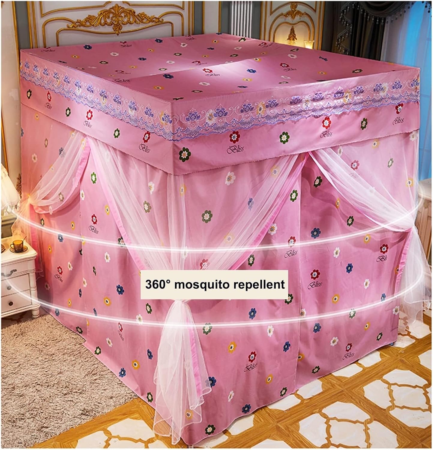 Bed Curtain with Mosquito Net, Double Layer Four Poster Canopy, Exquisite Bedroom Decoration, Blackout Privacy with Hole Mesh Design,59.1