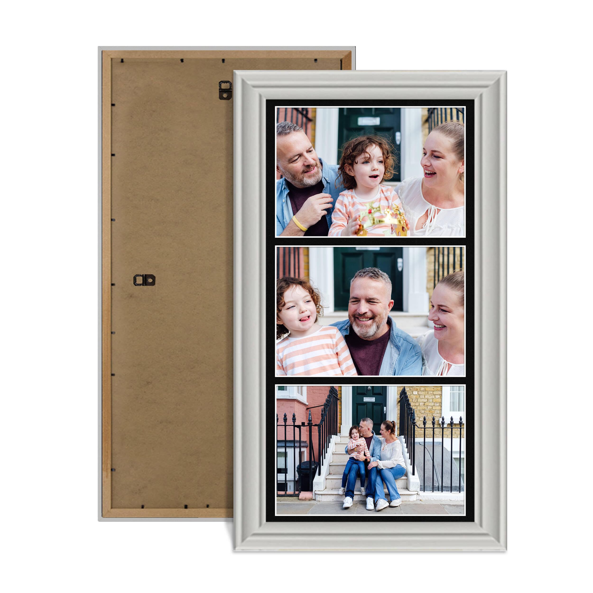 Alison Kingsgate Light Grey 16x8 Photo frames for multiple pictures- 3 Apertures Collage Frame with Black Mount - Holds (3x) 7x5 Photos - Engineered Wood & Perspex