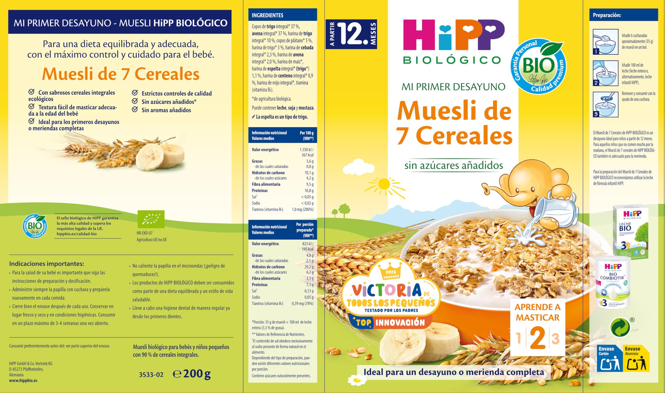 HiPP Biológico – Muesli 7 Cereales BIO para Bebés – Pack de 8 - Cereales Integrales, Sin Azúcares Añadidos y Sin Leche – Desde 12 Meses – Mi Primer Desayuno – 8x200 g