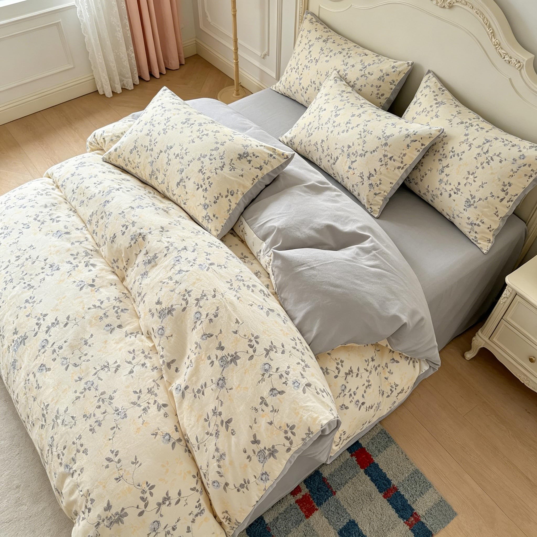 Parure de couette florale 260x240 cm en polyester sergé gris