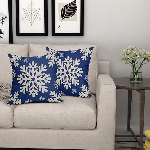 Miniatura 7 de Sivirary Juego de 2 fundas de almohada verdes de Navidad de 18 x 18 pulgadas, fundas decorativas de lino para exteriores, diseño de copos de nieve