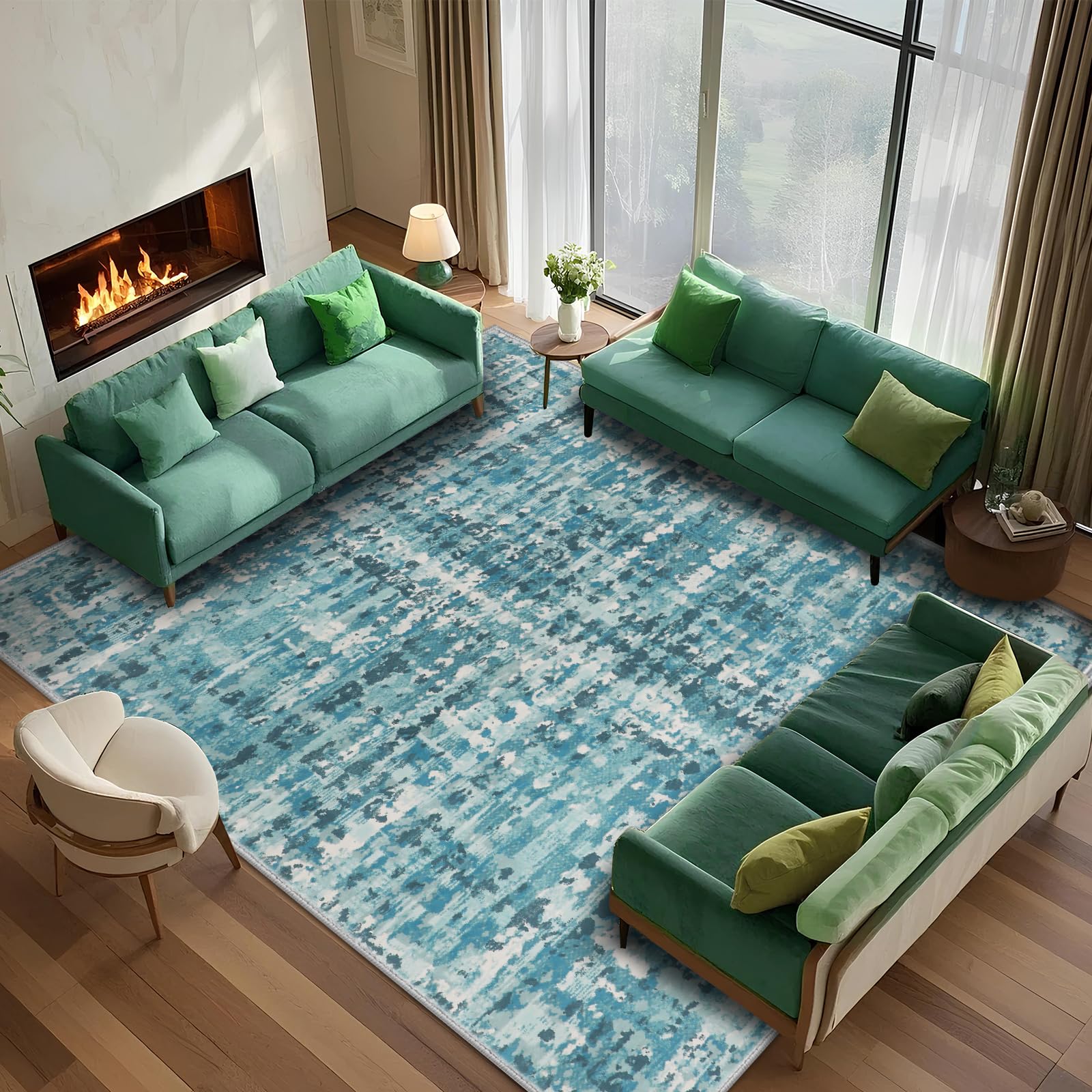 8x10 Abstract Area Rugs for Living Room, Modern Teal Blue Washable Indoor Rug for Bedroom, Thin Soft Large Non-Slip Carpet for Dining Room Home Office Farmhouse Decor