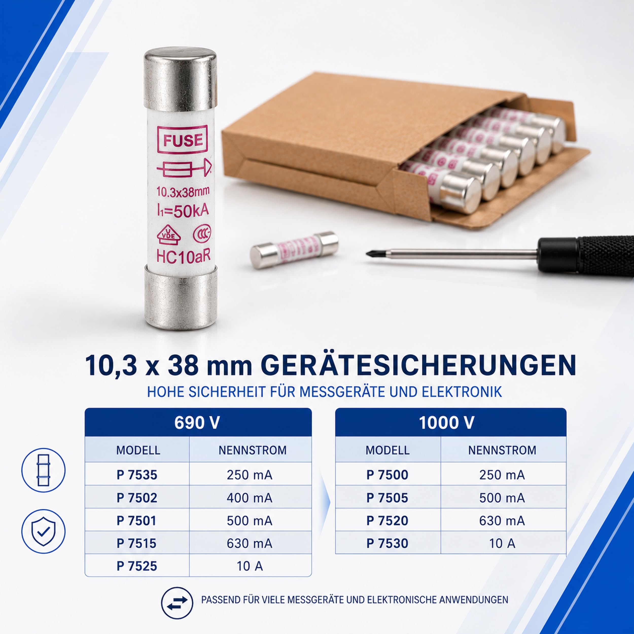 PeakTech, Fusible miniatura cerámico Set 250 mA / 1000 V, 10,3 x 38 mm, audio y alta fidelidad, 10 piezas, P 7500