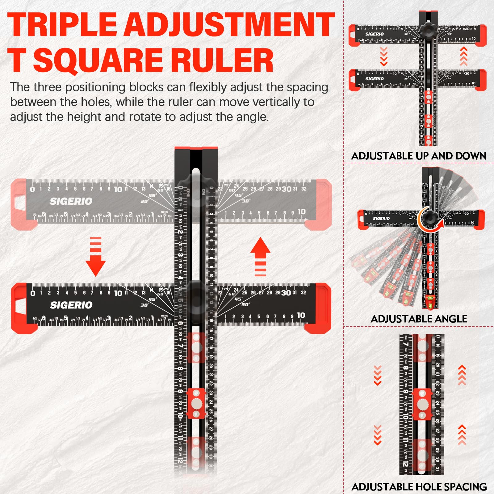 Regla de posicionamiento de perforación 4 en 1 de 13 pulgadas/350 mm, regla cuadrada de aleación de aluminio en T, cuadrada de combinación ajustable, regla de ángulo de 30/45/60/90 grados para