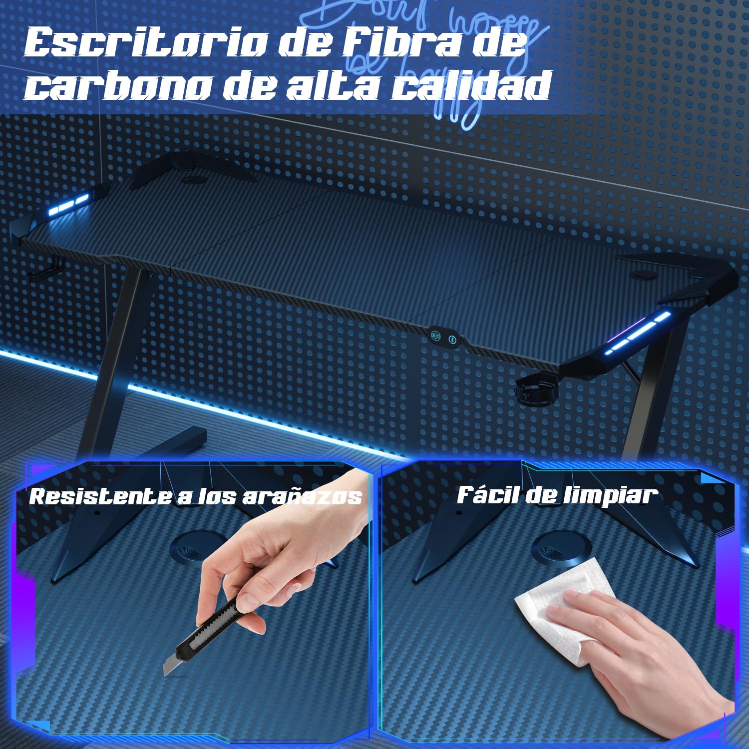 Devoko Escritorio Gaming con Luces LED, 140 x 60cm RGB Mesa Gaming Forma Z, Escritorio de Ordenador Grande con Gancho para Auriculares y Portavasos, Mesa Gamer para Oficina en Casa, Negro