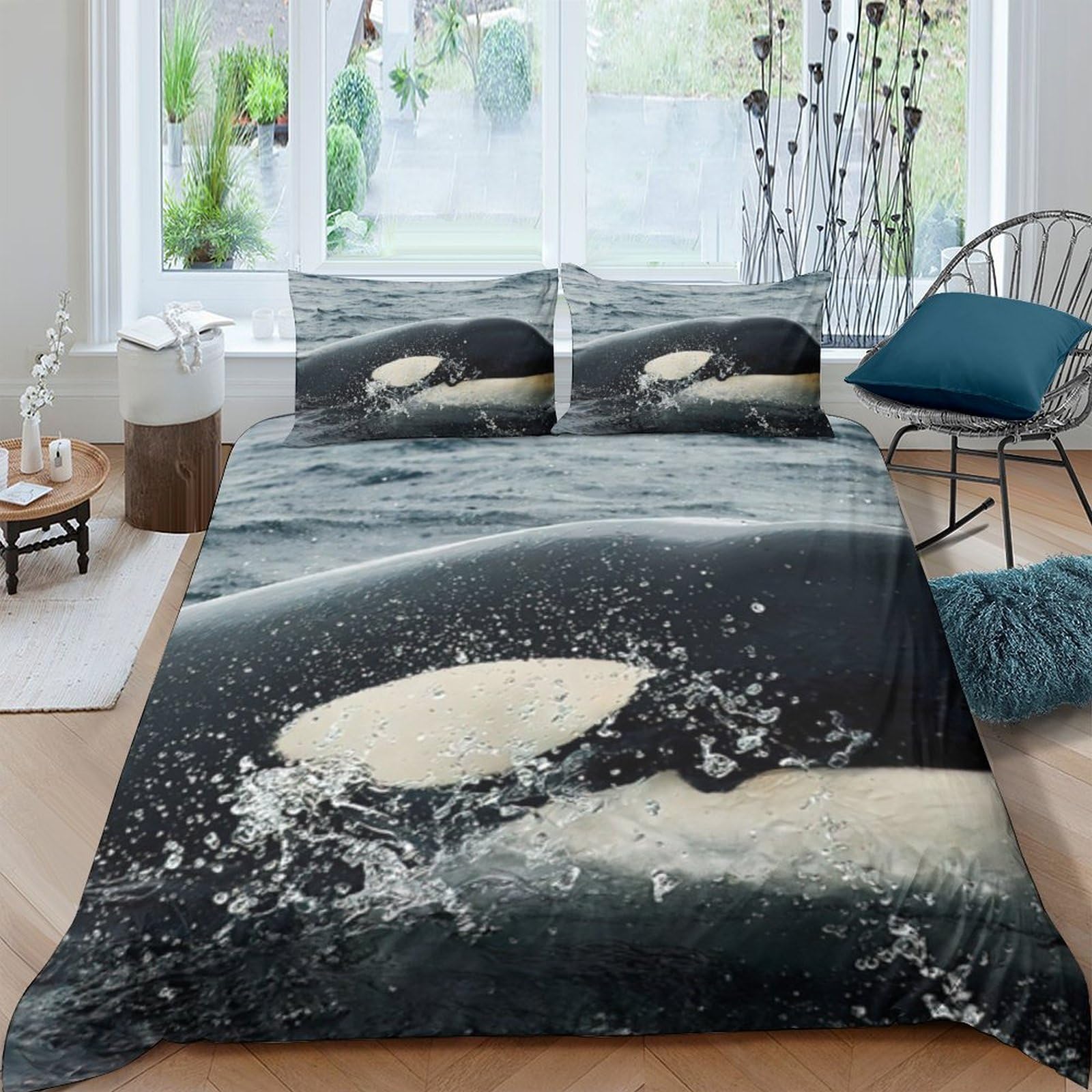 Ctjqhvkz Style-4 3D Printed Ocean Whale Fitted Sheet Microfiber Soft Black Blue Splash Mattress Cover For Bedroom Living Room Decor Single（135X200cm）