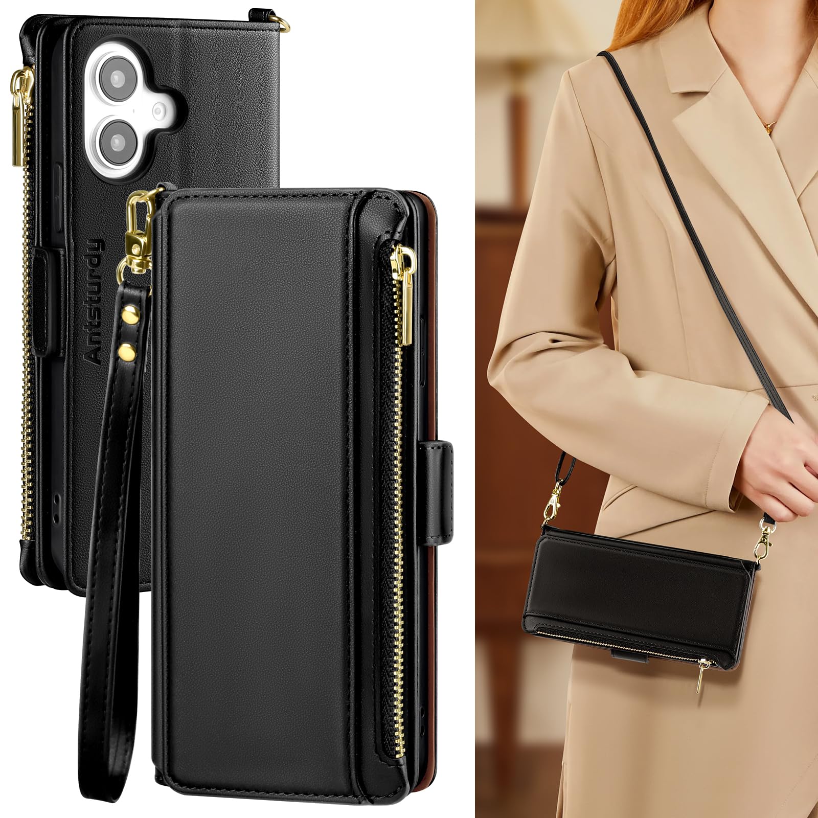 Antsturdy Crossbody Phone Wallet Case for iPhone 16,Black | RFID Blocking,PU Leather Flip Cover,Kickstand,with Credit Card Holder,Wrist Strap Lanyard