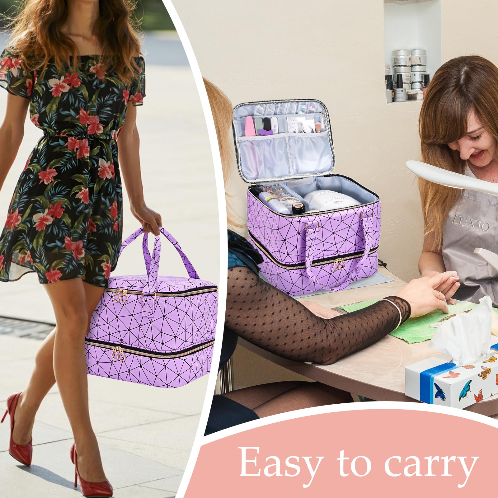 Uross Organizador de esmalte de uñas para 42 botellas de esmalte de uñas y 1 lámpara LED para uñas, bolsa de almacenamiento para decoración de uñas, accesorios (morado)