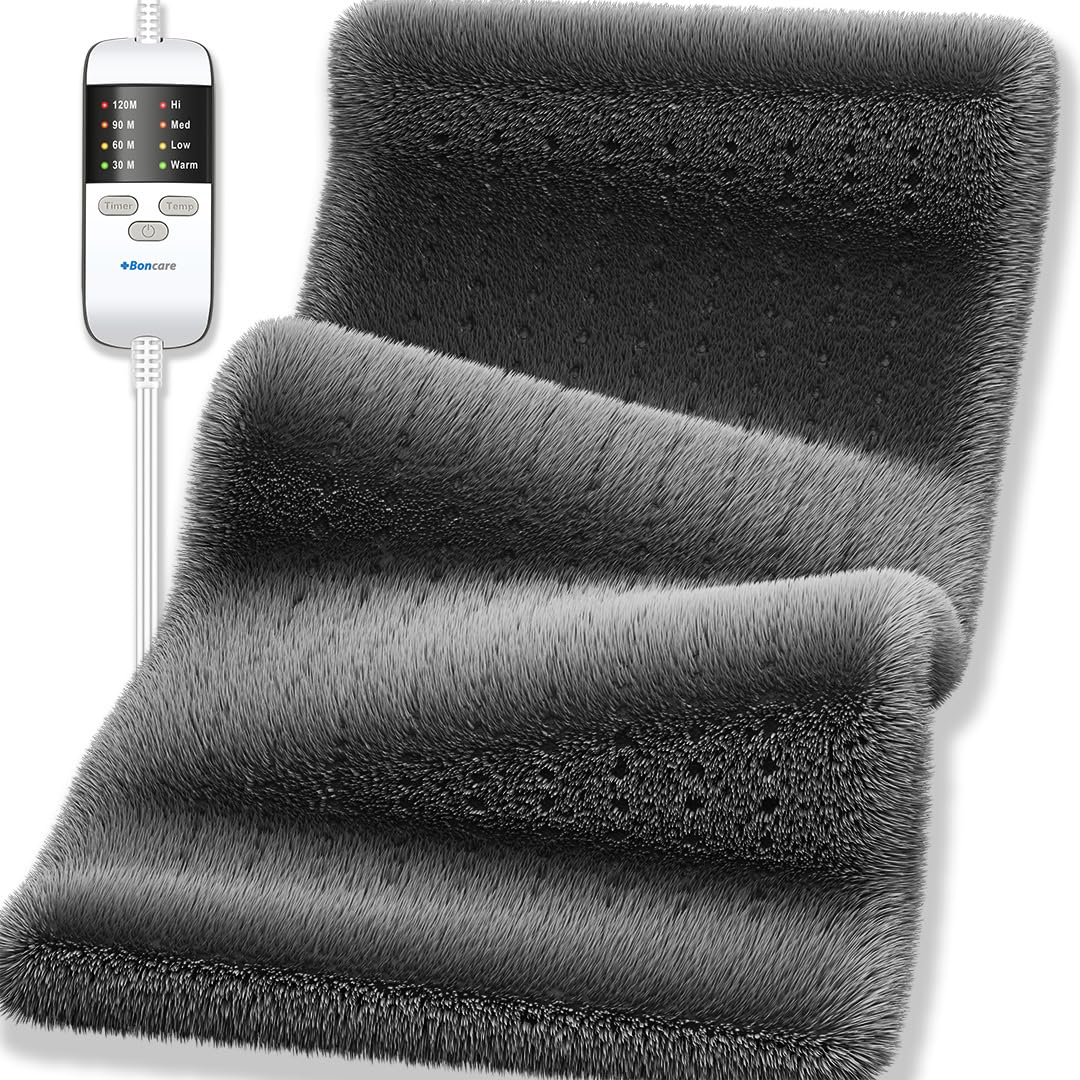 BoncareRapid Heat up Large Heating Pad for Back Pain Relief and Period Cramps with Auto Shut Off 4 Timers & 4 Temperature Settings Super Soft Velvet Fleece Moist/Dry Heat (Gray, 12"x24")