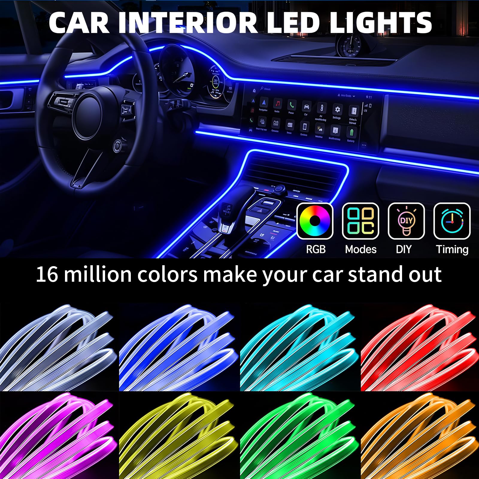 3T6B Illuminazione d'atmosfera LED in acrilico per auto, 16 milioni di colori, controllo tramite app e telecomando, illuminazione d'atmosfera USB per uomo e donna