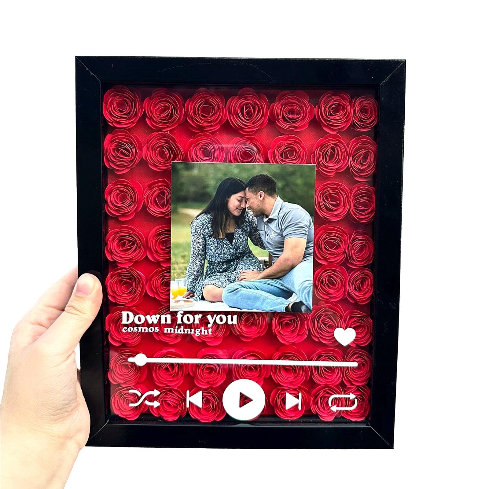 ROSLILY Personalized Flower Shadow Box With Photo Music Songs Custom Heart Shadow Box Gifts For Wedding Anniversary Valentine's Day Mother's Day (