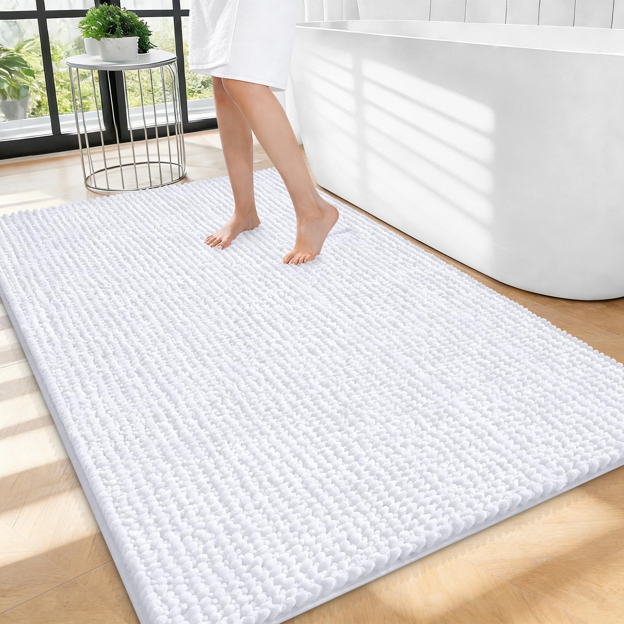 OLANLY Thick Chenille Large Bathroom Rugs 40x32, Absorbent Bath Mat, White