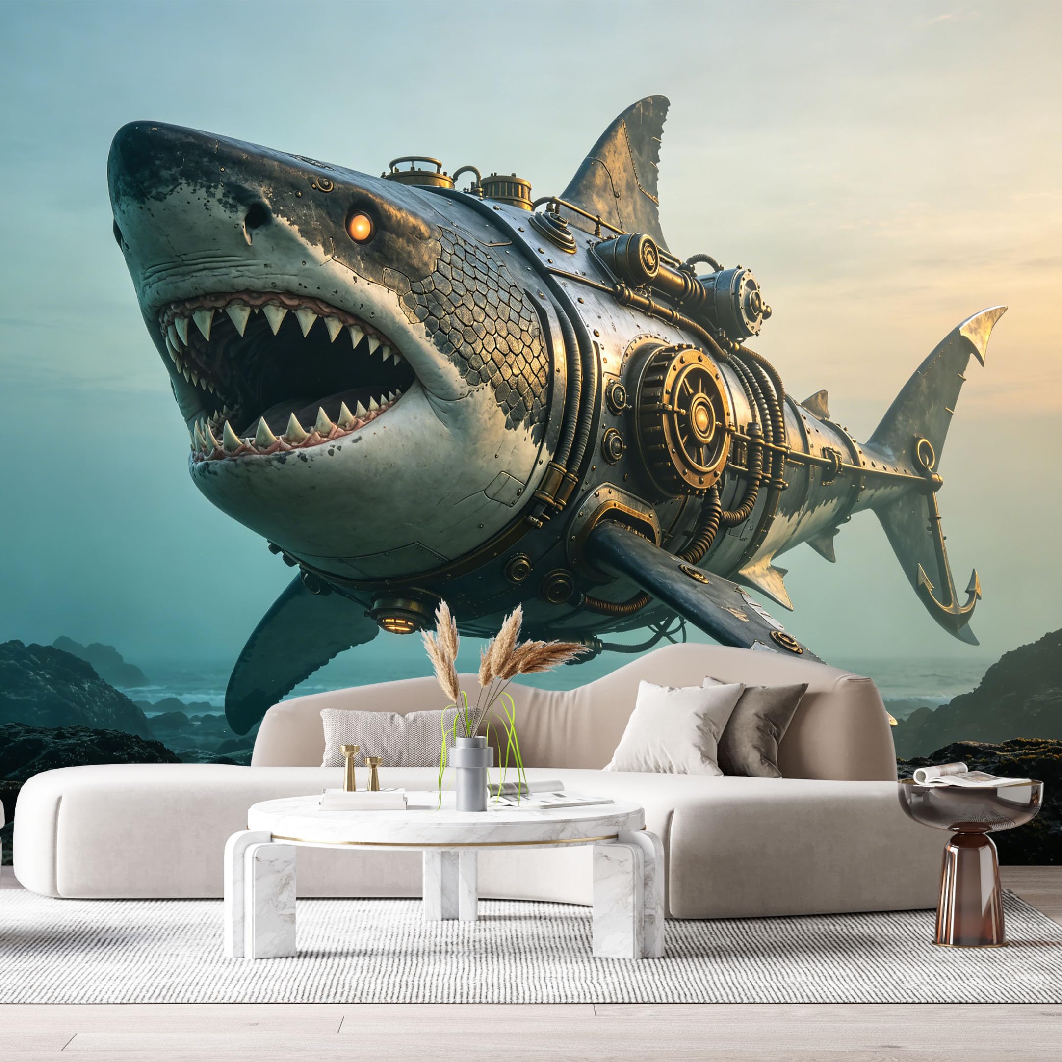 Custom Size Wall Mural Mechanical Aquatic Predator Steampunk Machinery Ocean SciFi Metal Beast SelfAdhesive Art Prints Removable Large Wallpaper Esports Room Game Room Tenant Room Studio