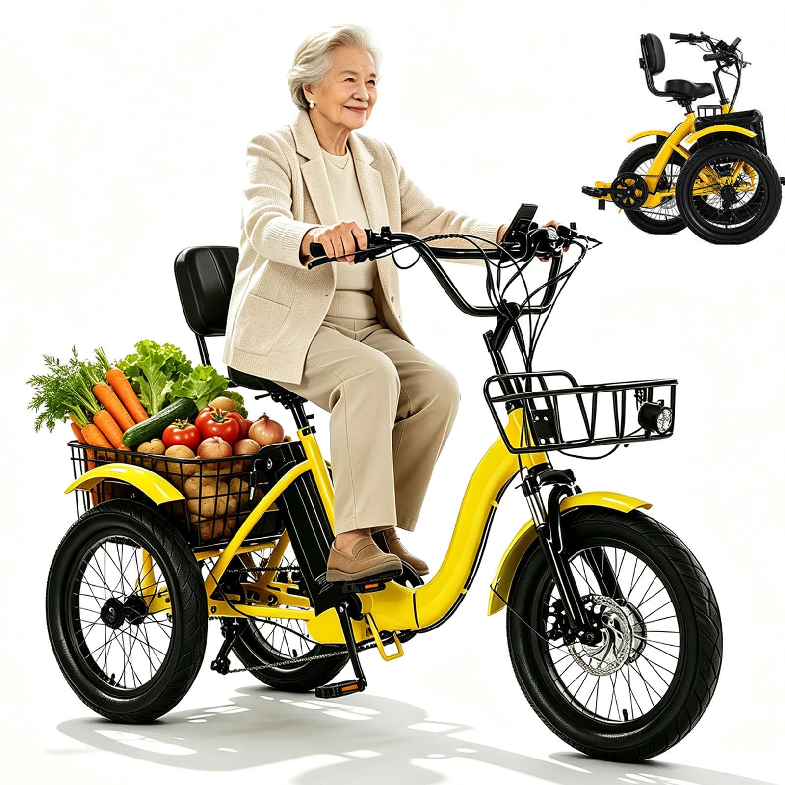 Triciclo Elettrico per Adulti, 18 Pollici Pieghevole Con Pneumatici Larghi 3 Ruote, Bici Elettrica a 3 Ruote Con Cestino Anteriore E Posteriore,Ideale per Spostamenti Quotidiani Yellow