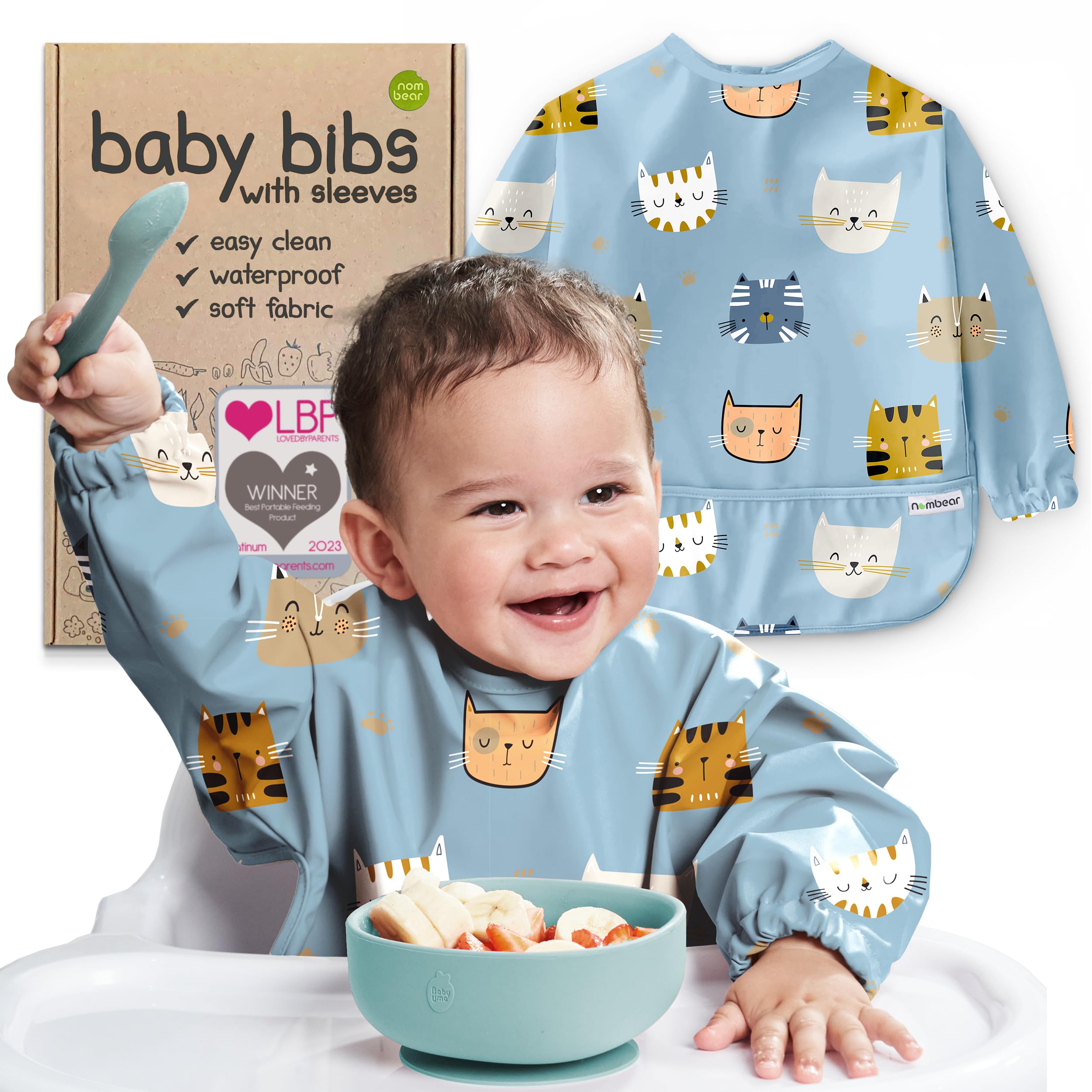 Nombear Baby Bibs with Sleeves for 6-24 Months - Easy Wipe Clean, Machine Washable Baby Weaning Bib with Sleeves, Waterproof Long Sleeve Bibs, Alternative to Silicone and Coverall Bib