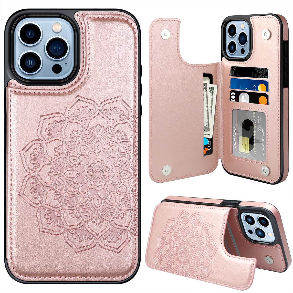 MMHUO for iPhone 15 Pro Max Case with Card Holder,Flower Magnetic Buttons Protective Wallet Case for Women for iPhone 15 Pro Max,Rose Gold