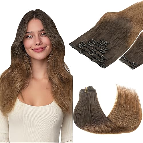 GOO GOO Clip in Hair Extensions Real Human Hair, Remy Human Hair Extensions Clip ins for Women, Natural Human Hair, 20inch 150g 9Pcs, 1D/2C/4E Chocolate Dip Color Melt