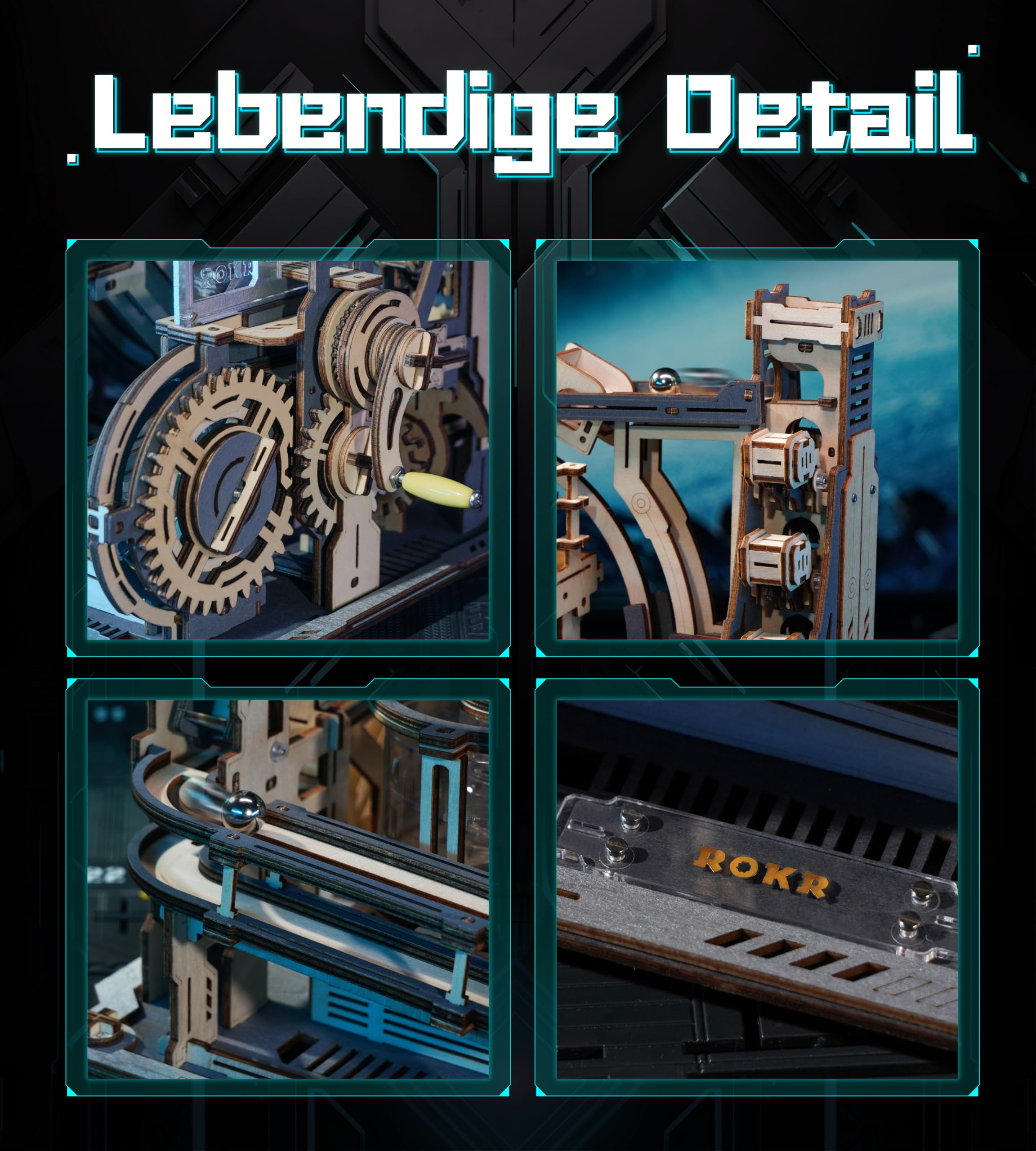 ROKR 3D Puzzle Erwachsene Elektrische Kugelbahn,Marble Spaceport 3D Wooden Puzzle,Night City 2.0,Geschenkidee für Männer(LGC01)