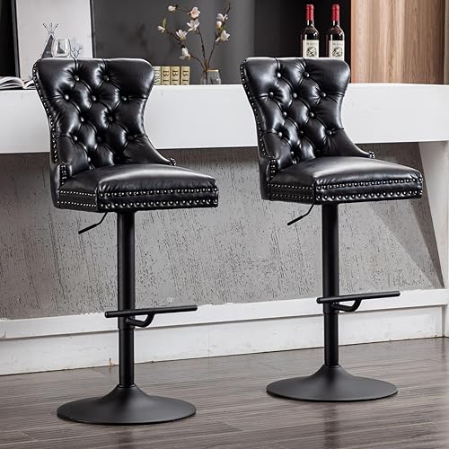 Miniatura 1 de Juego de 2 taburetes de bar de cuero, sillas tapizadas de isla, taburete giratorio con respaldo, botón acolchonado, color negro