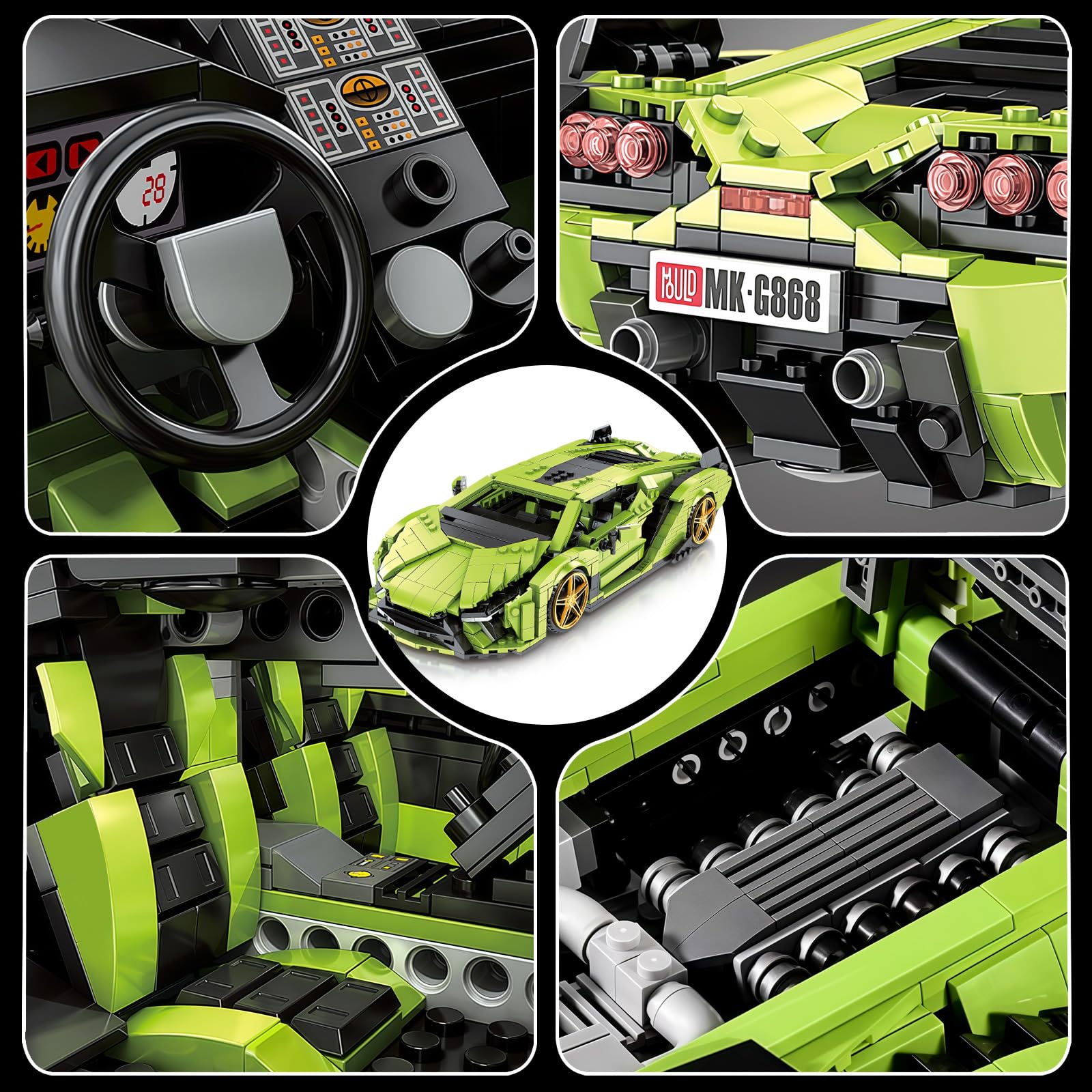Mould King 10011 Technik Sportwagen Bausteine Set, 1249 Teile Auto Modell Bausatz, Kreatives Fahrzeug Spielzeug für Erwachsene und Sammler