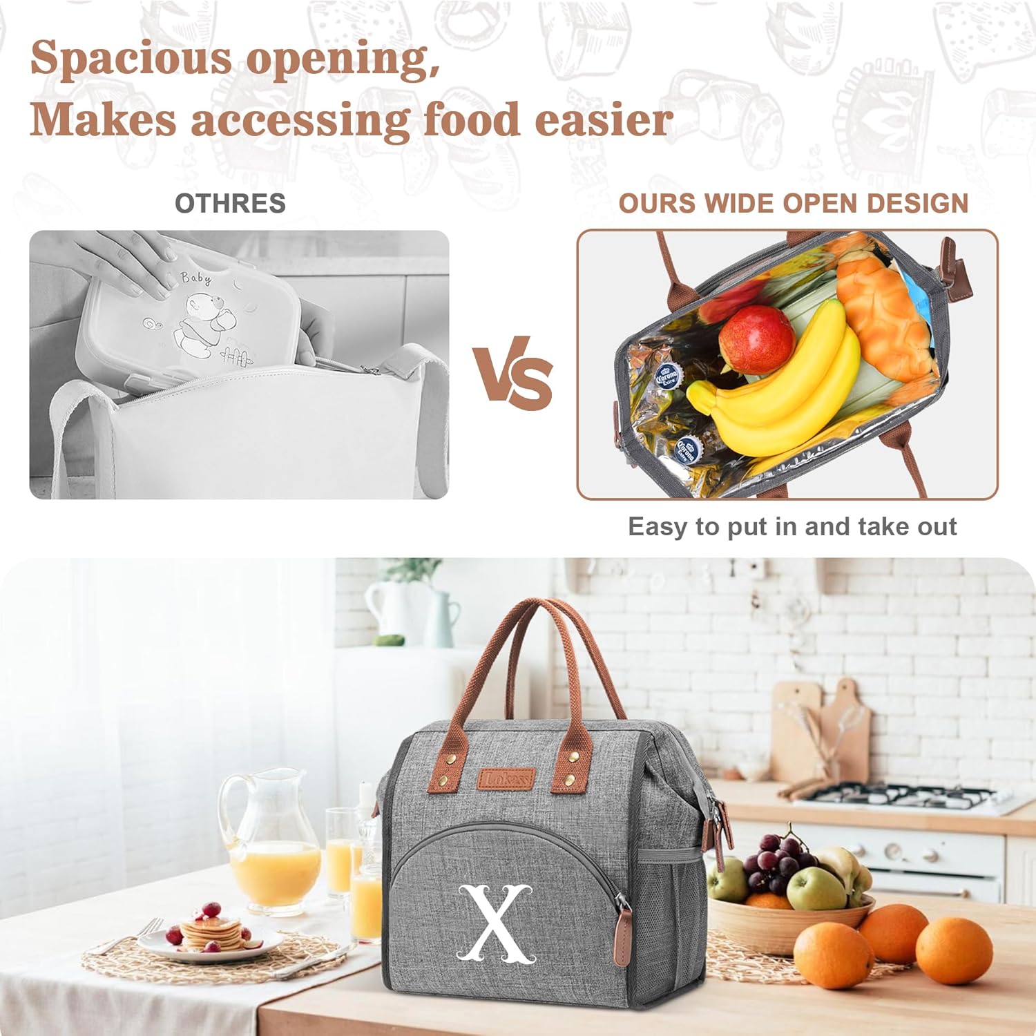 Initial Insulated Lunch Bag for Women, Back-to-School Season/Personalized Valentine's Day Gifts Reusable Leak-Proof Lunch Box Wide-Open Large Drinks Snacks Organizer for Work School Travel Picnic - Image 4