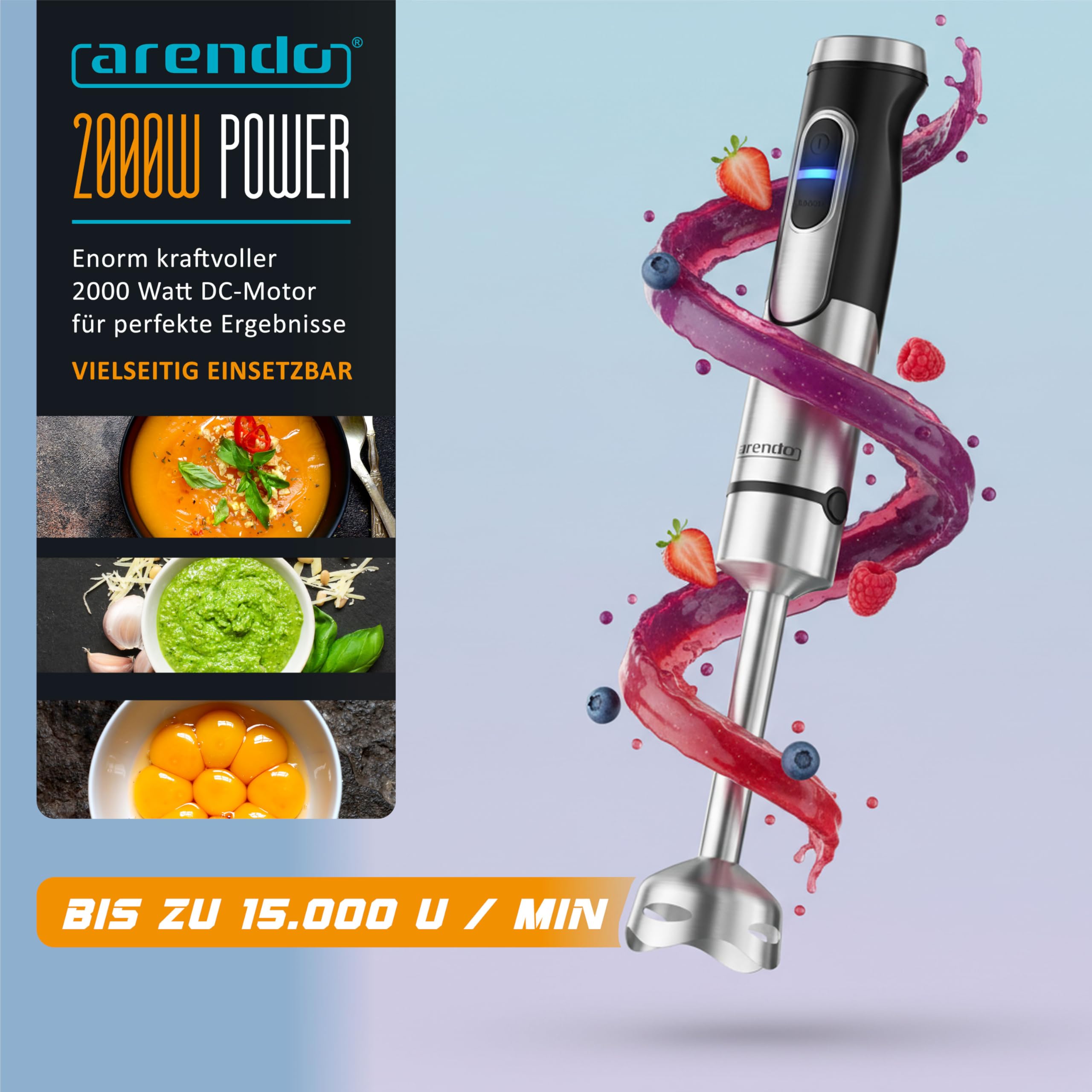 Arendo - Edelstahl Stabmixer 2000 Watt - Handmixer Set - Pürierstab - stufenlose Geschwindigkeit - Turbotaste – Mixfuß mit Edelstahlmesser - Schneebesen – BPA-frei