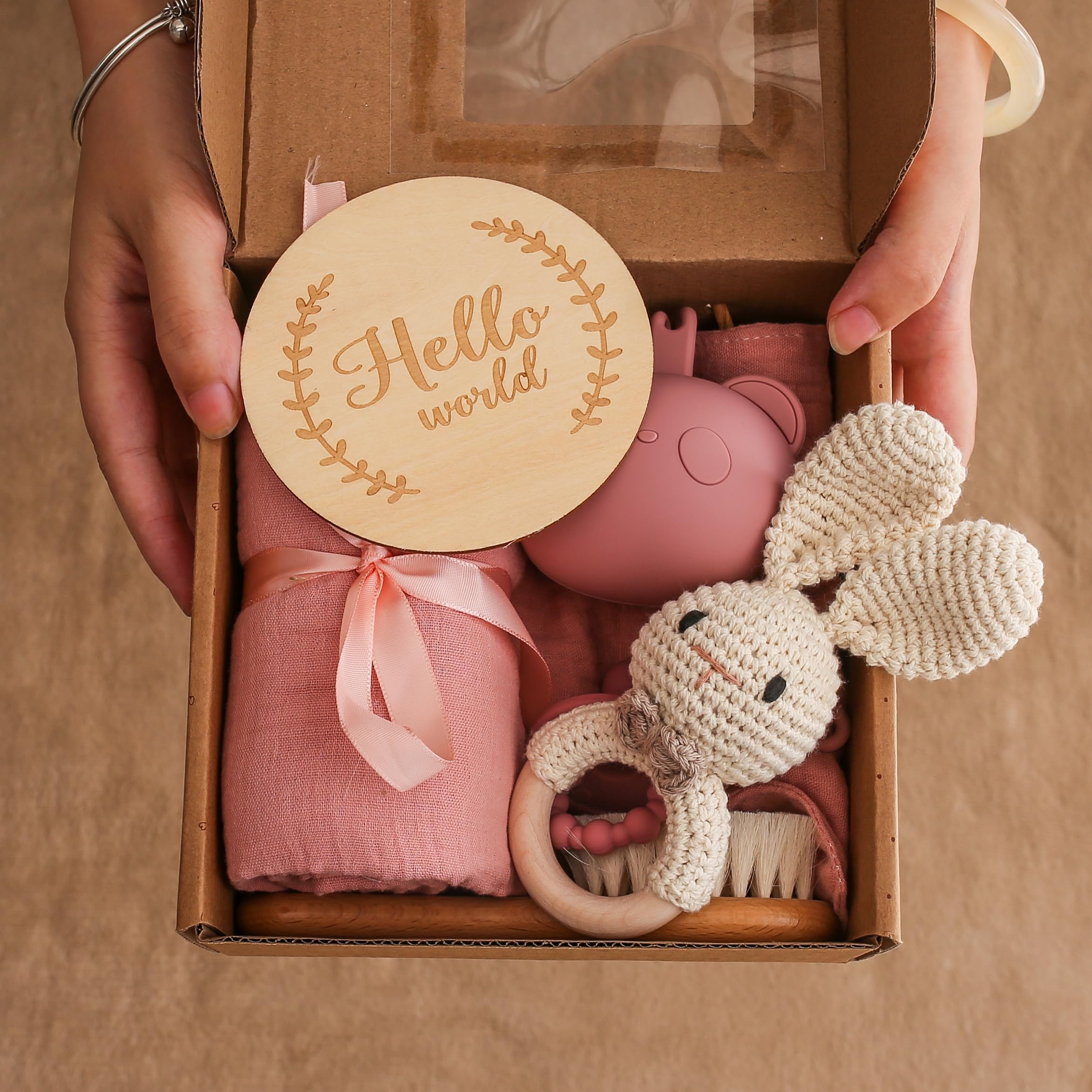 WOODEN TEETHER Set regalo per bambino, neonato regalo bambino Set nascita festa neonato regalo giocattoli (rosa set, Ohne Name)