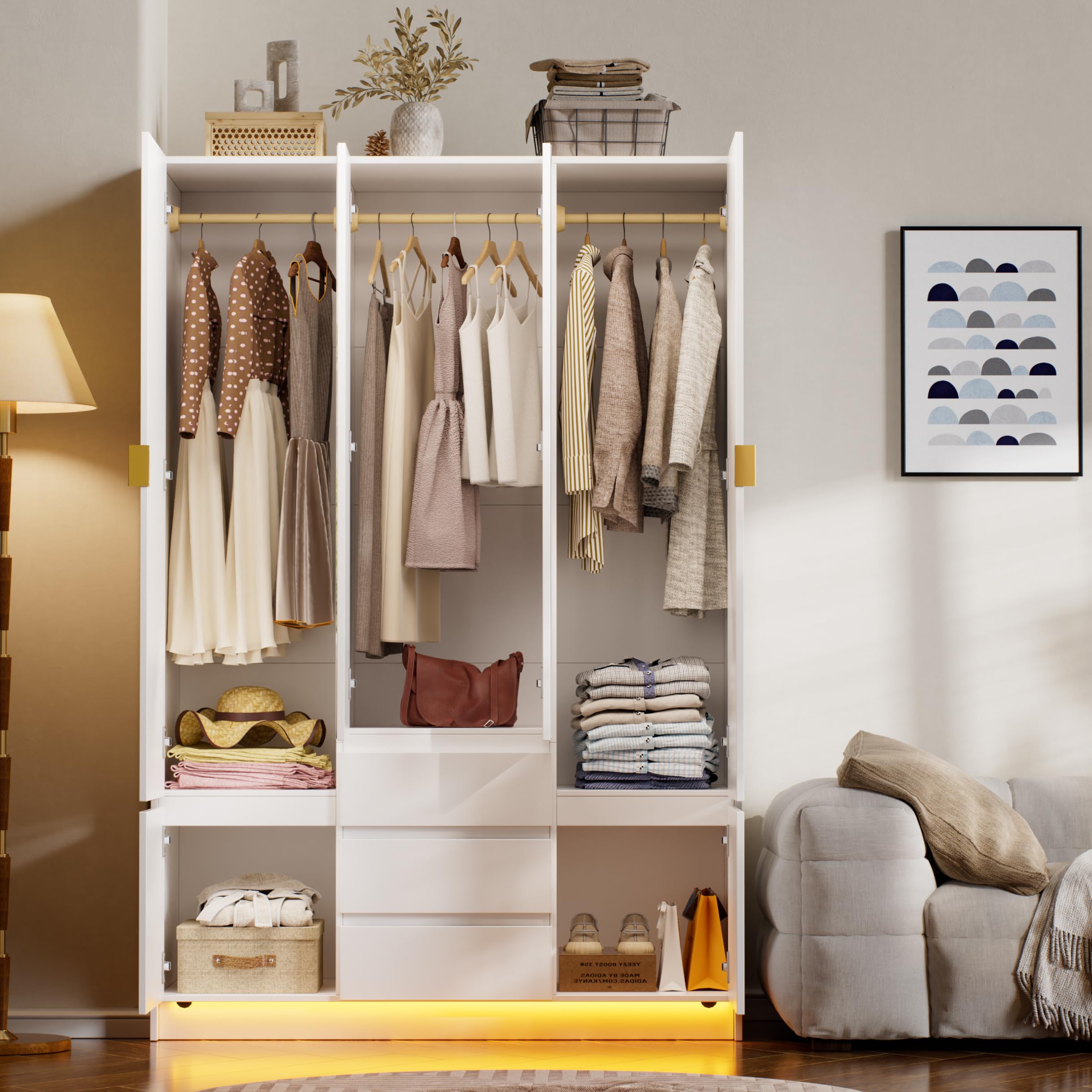 MSFE Armadio Camera da Letto 4 Ante con Specchio,Wardrobe Camera Moderna con LED,3 Cassetti e Asta,Grande Armadio per Cameretta,Camera dei Bambini,da Ingresso,50 * 120 * 180CM