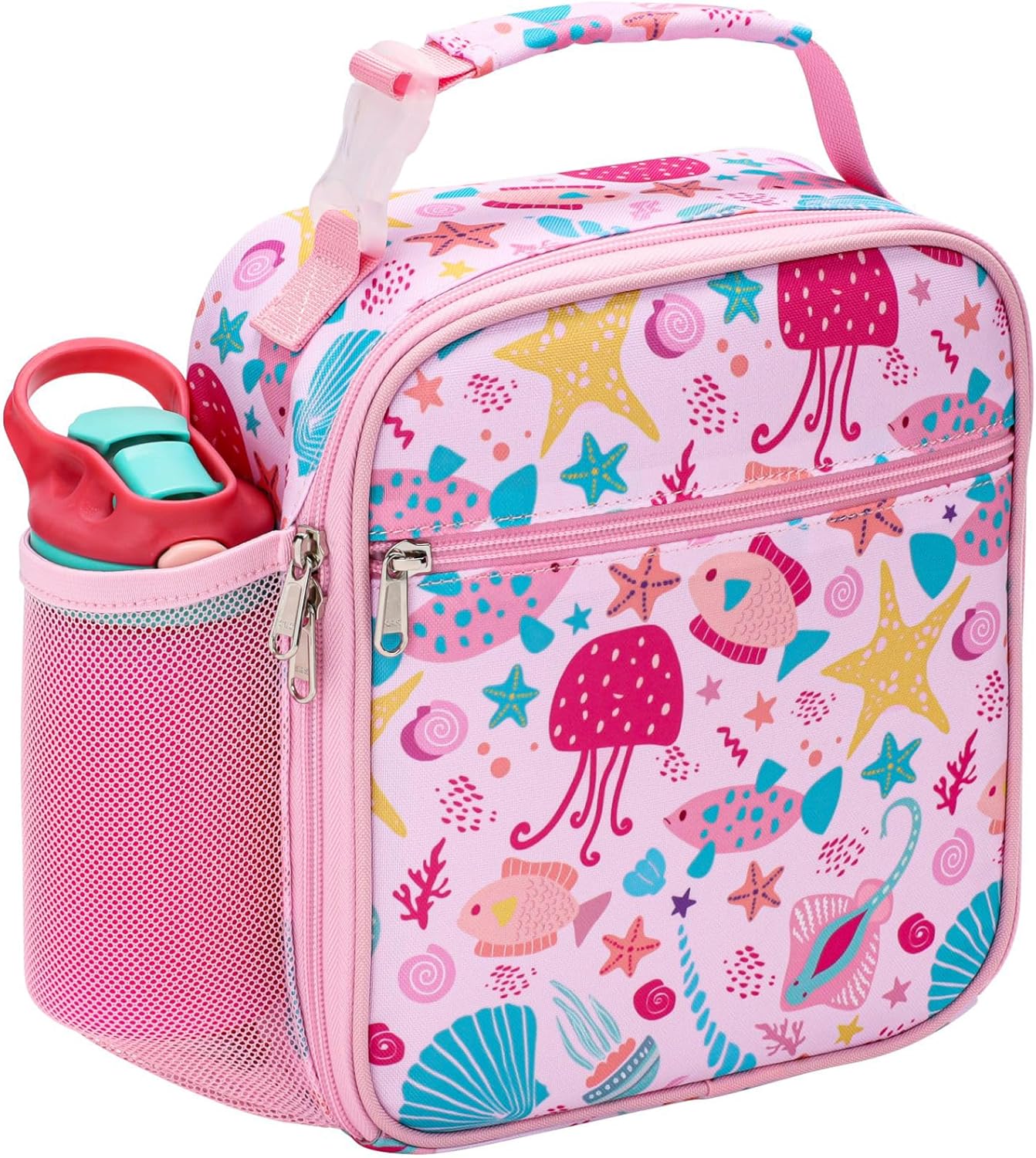 Bagseri Lunch Bag for Kids – Girls Lunch Box Insulated Leak-Proof and Reusable Lunch Bag for Girls With Water Bottle Holder Toddler Lunch Box for Daycare and School, Pink Marine Animals