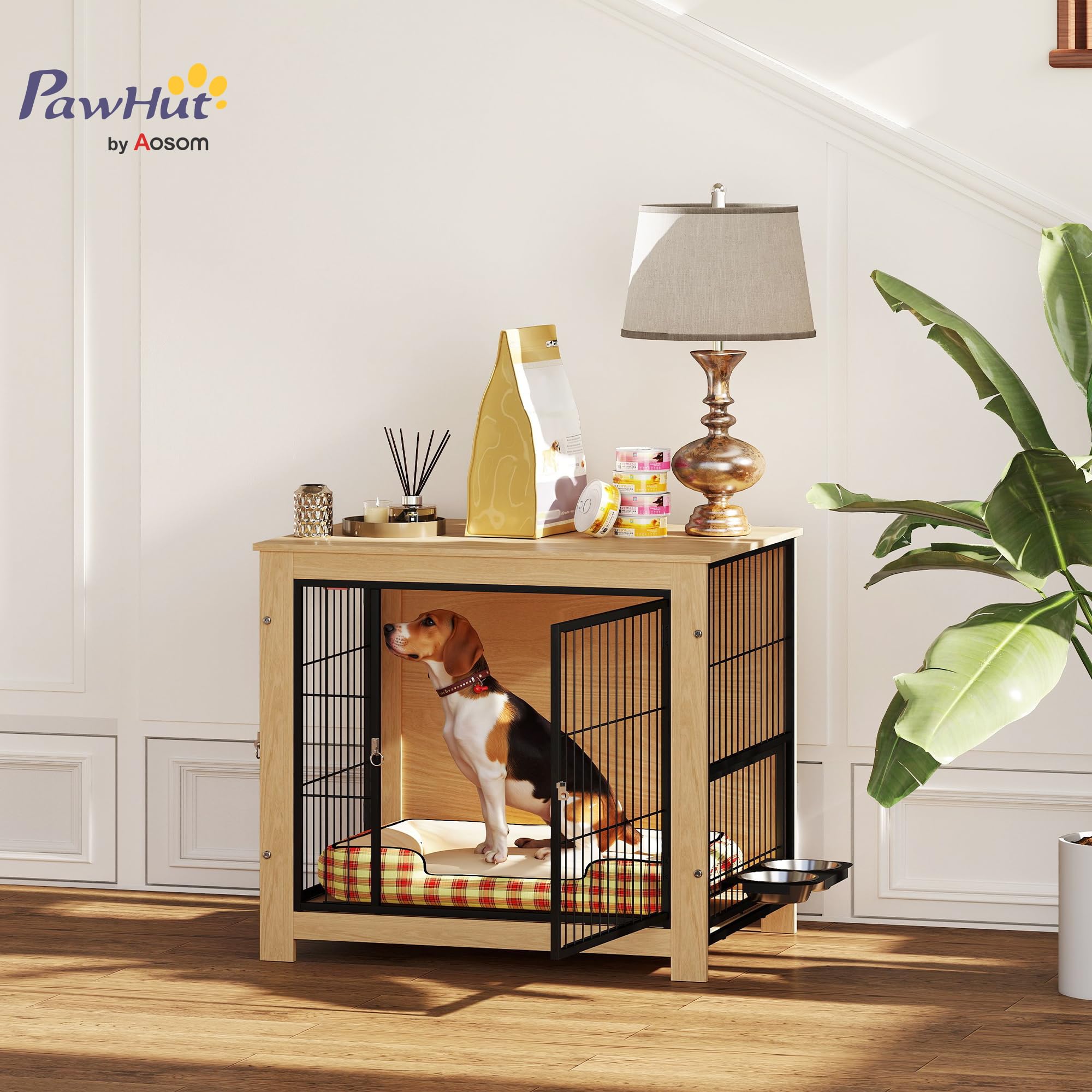 PawHut Jaula para Perros Moderna Mesa Auxiliar Casa para Mascotas con 2 Puertas, Soporte Giratorio con 2 Tazones, Estructura de Acero para Perros Medianos 80x60x68 cm Roble