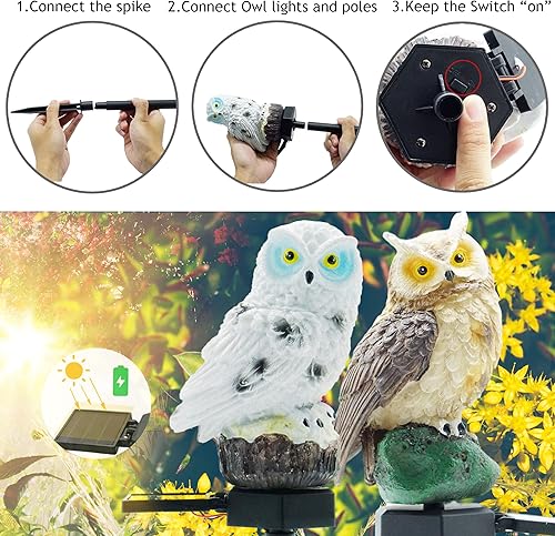 Miniatura 6 de Paquete de 2 luces solares de búho para exteriores, decoración de búho, luces LED solares, decoración de jardín con estaca, impermeable, para