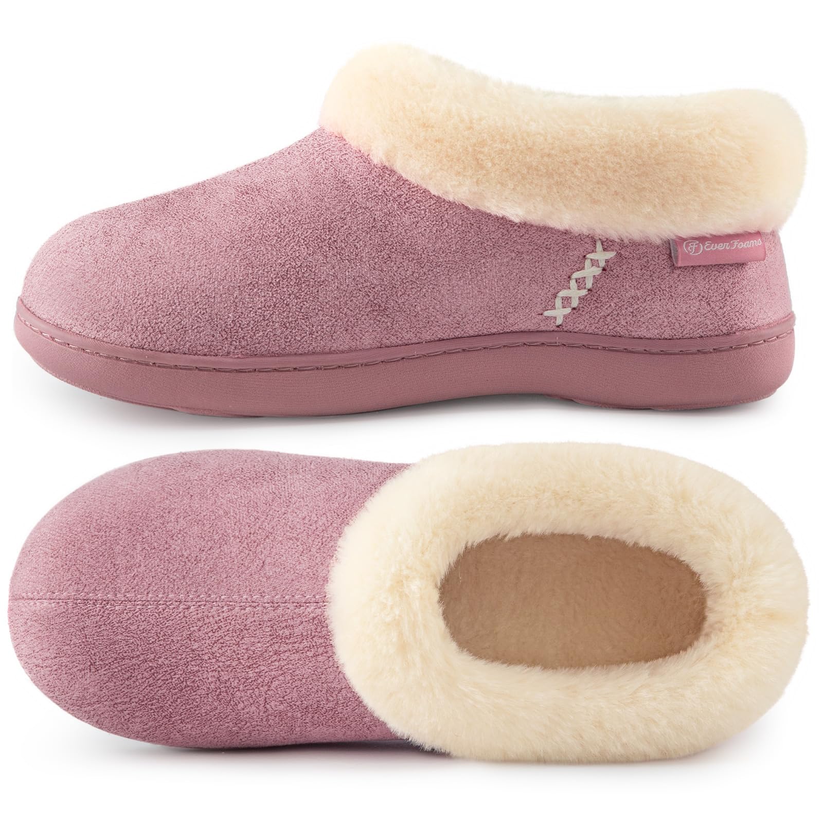 EverFoams Women's Microsuede Memory Foam Slippers with Fluffy Faux Fur Collar and Indoor Non-Slip Rubber Sole