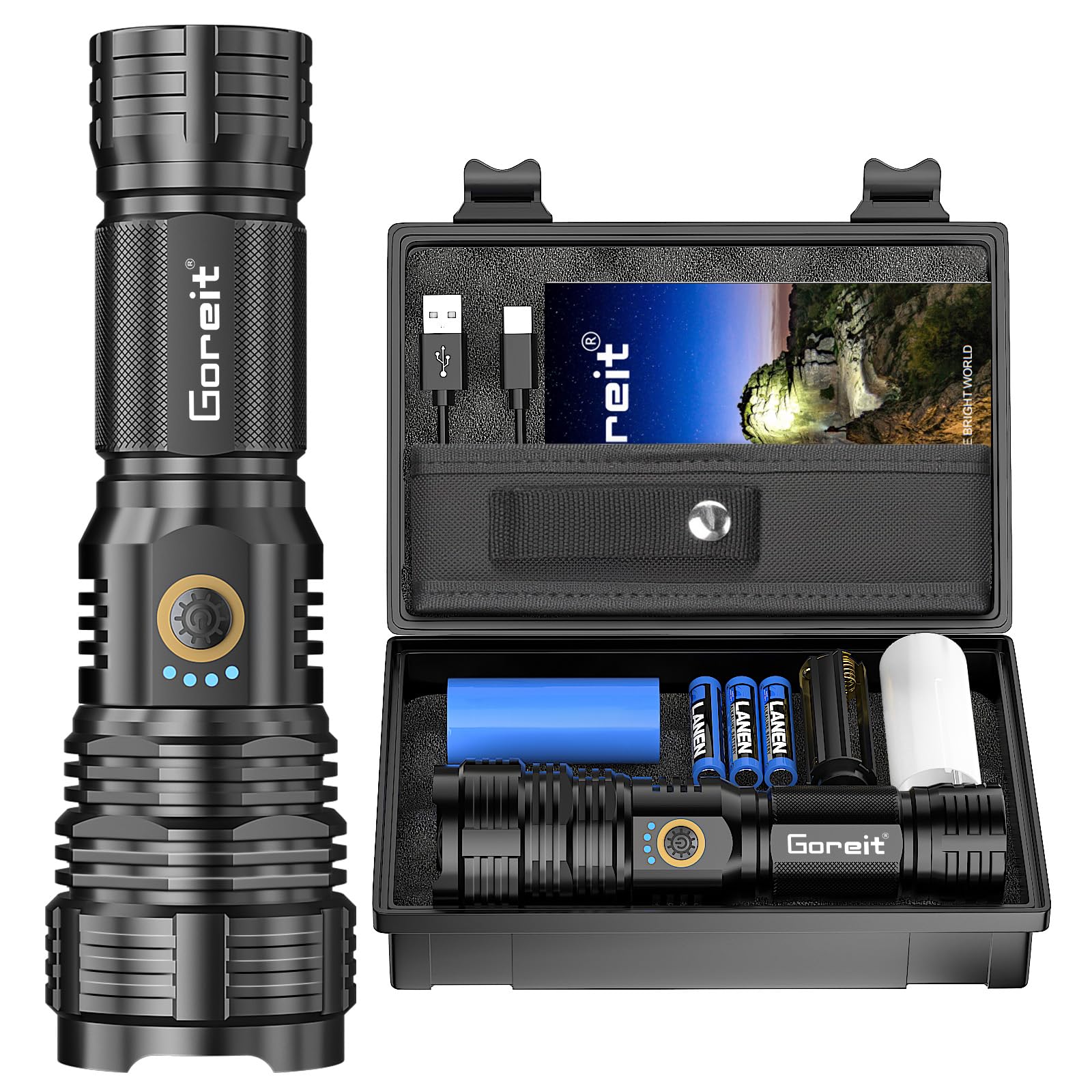 Goreit Flashlights LED High Lumens Rechargeable, 2000 Lumens XHP70.2 Super Bright Flashlight, Flash Light Battery Powered, Powerful Handheld Flashlight with Holster for Emergency Camping Hiking Gift