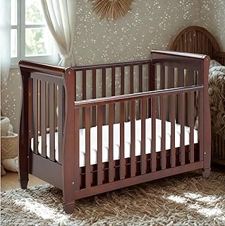 Babymore Eva Sleigh Cot Bed Brown - Drop Side Cot With Mattress Included, Baby Cot With Teething Rail & Drawer, Convertible to Toddler Bed & Day Bed | 3 Adjustable Bed Base Positions (Brown)
