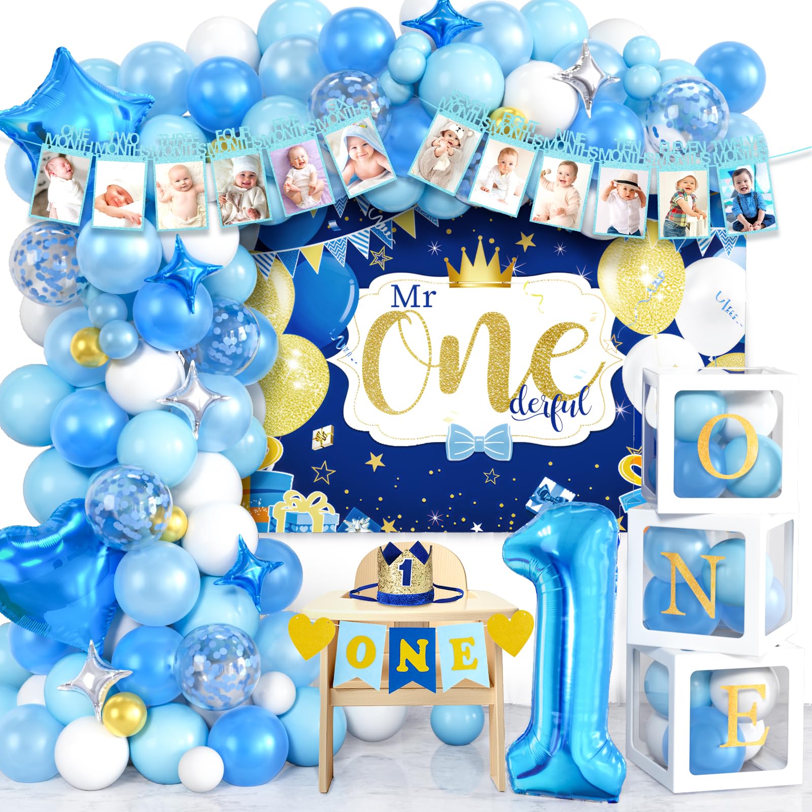 Winrayk 135Pcs Baby 1st Birthday Decorations Boy, First Birthday Party Decorations for Boy, ONE Balloon Boxes/Mr Onederful Backdrop/White Blue Balloon