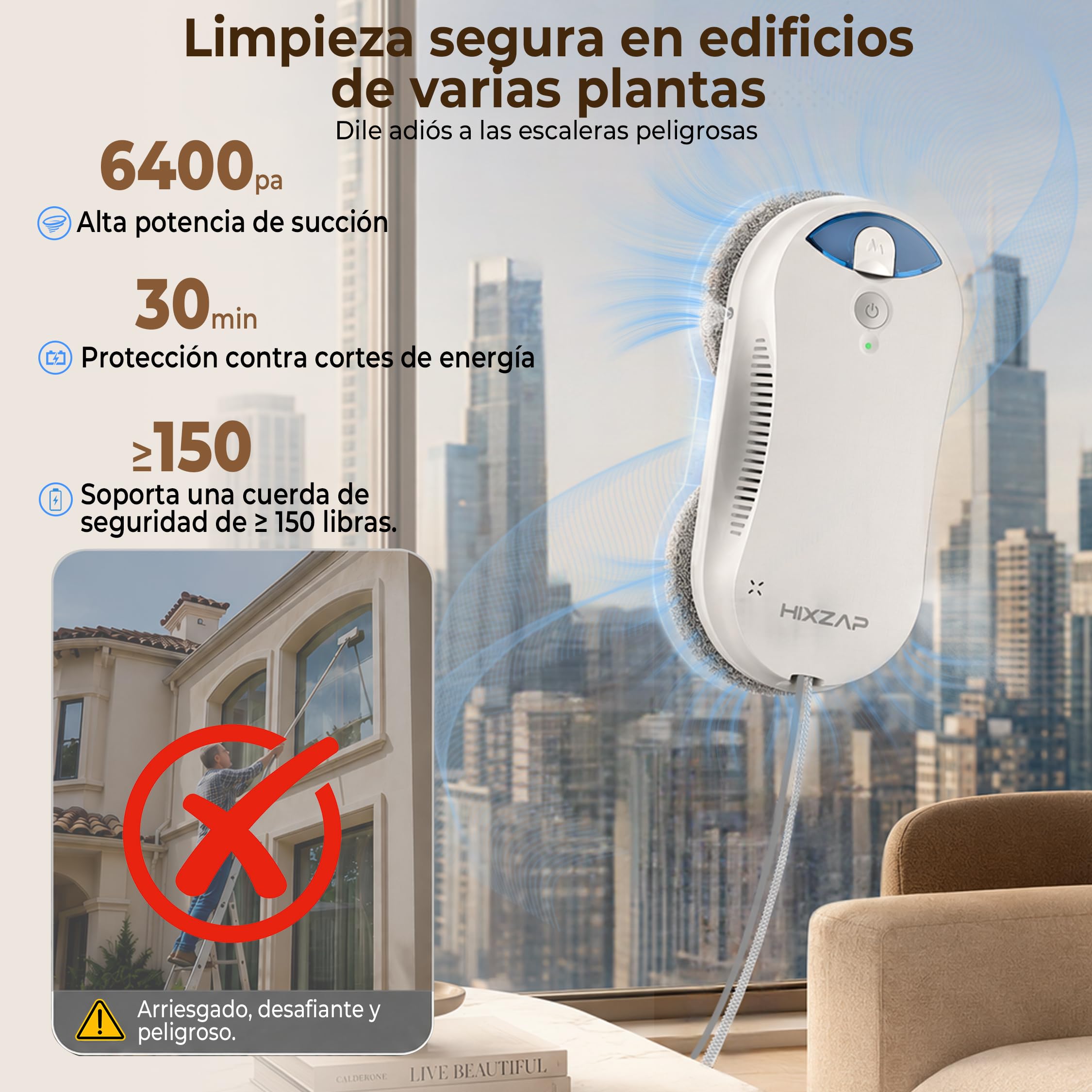 Robot X6 limpiador Ventanas Altas, Interior-Exterior, para Invernaderos | Potente Aspiración, Succión de 6400Pa, Doble Pulverización, Detección de Bordes, Navegación Inteligente