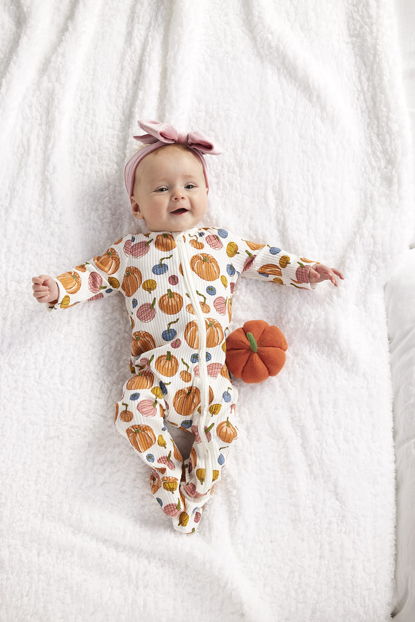 Mud Pie Girls' Pumpkin Sleeper and Headband Set, Cream, 6 Months/9 Months