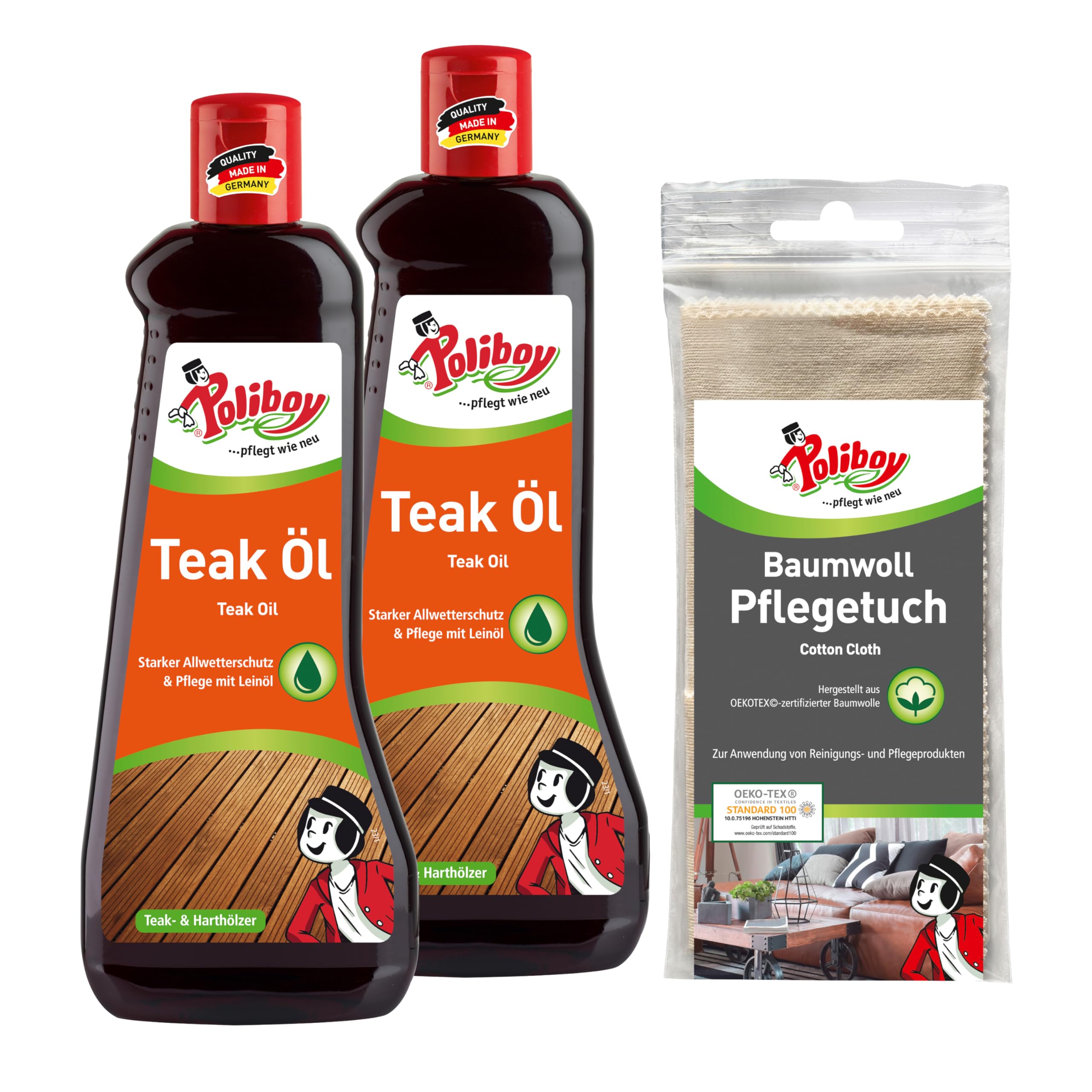 Poliboy Olio per Legno Teak, Cura del Legno per Legni Duri Scuri, Protezione e Rinnovamento Colori, 2x500 ml, Prodotto in Germania