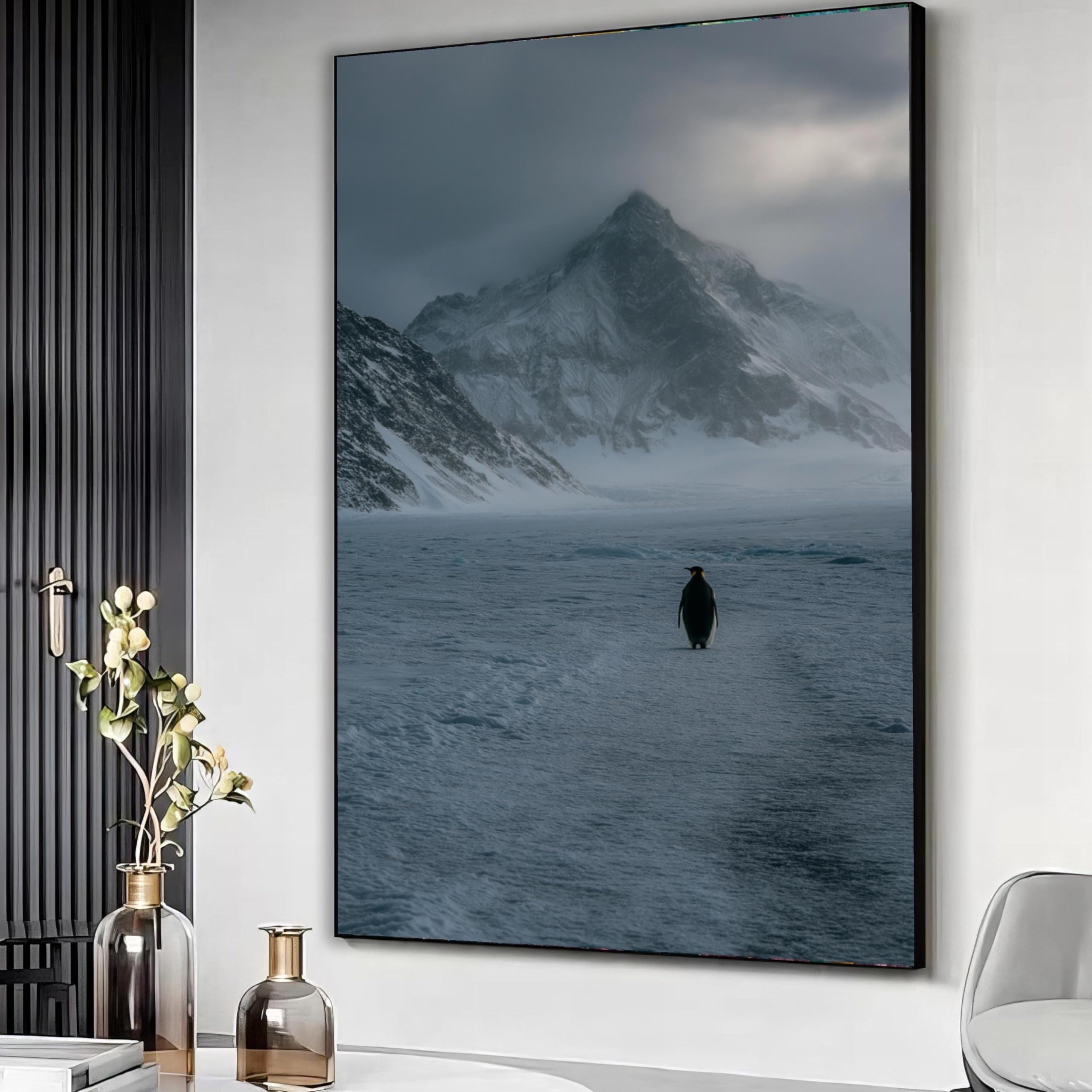XBTYKPB Solitary Penguin in Snowy Mountain Landscape Canvas, Wildlife Wall Art, Winter Nature Scene, Cold Wilderness Painting(80x120cm/Frameless)