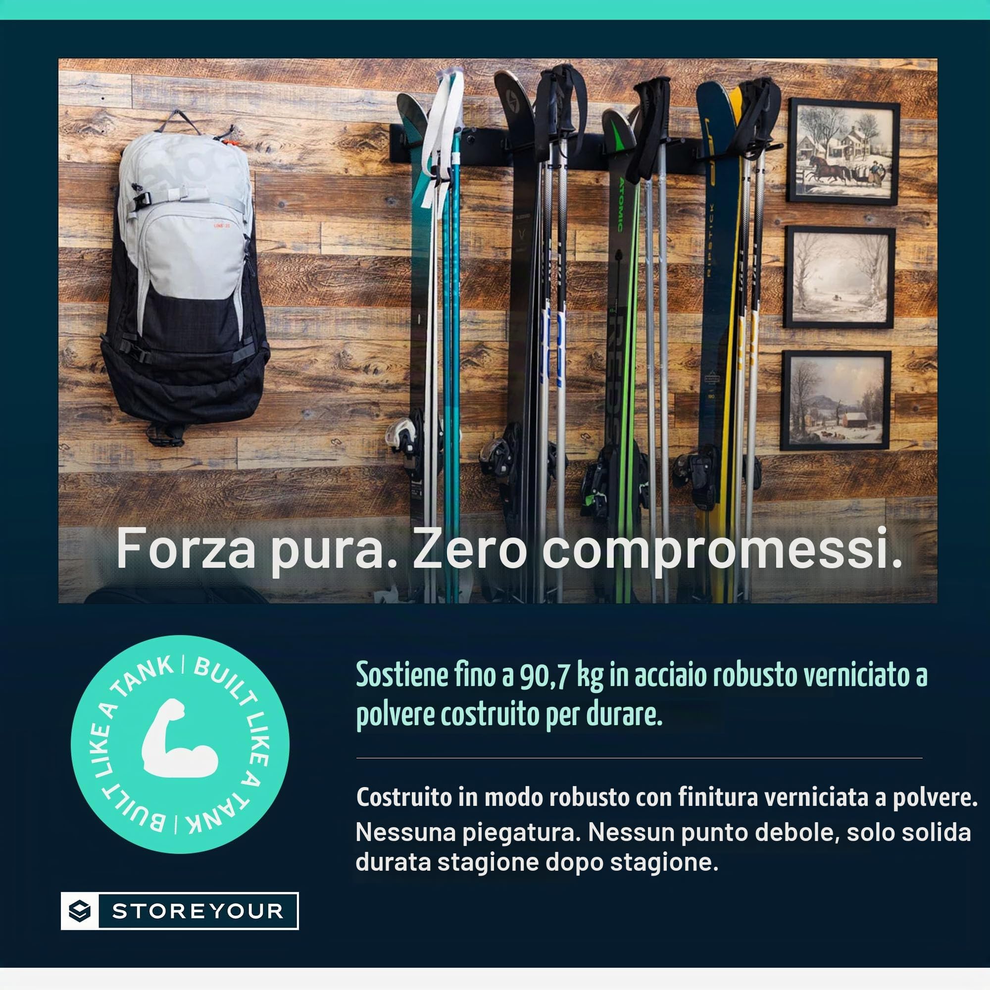 StoreYourBoard Porta sci a muro, può contenere 8 paia, supporto per sci da casa in acciaio e garage (Nero)